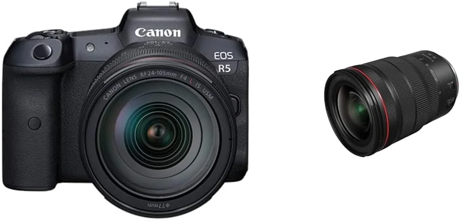 دوربین بدون آینه فول فریم Canon EOS R5 با لنز RF24-105mm F4 L IS USM - فیلمبرداری 8K، سنسور CMOS فول فریم 45 مگاپیکسلی، پردازنده تصویر DIGIC X، شاتر مکانیکی تا 12 فریم در ثانیه (بدنه + لنز)