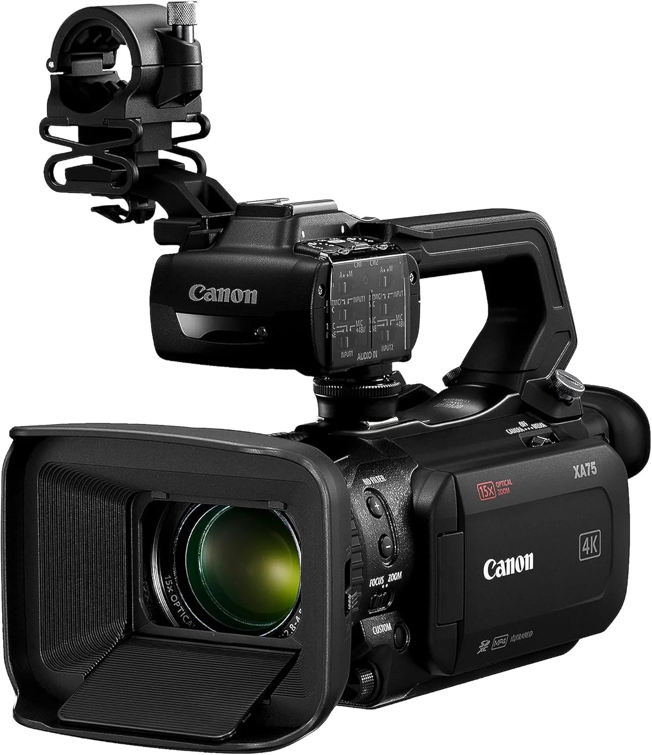 دوربین فیلمبرداری حرفه ای Canon XA75، فیلمبرداری، ضبط و پخش ویدئوهای 4K UHD، لنز زوم اپتیکال 15x، ترمینال 3G SDI و XLR، مشکی
