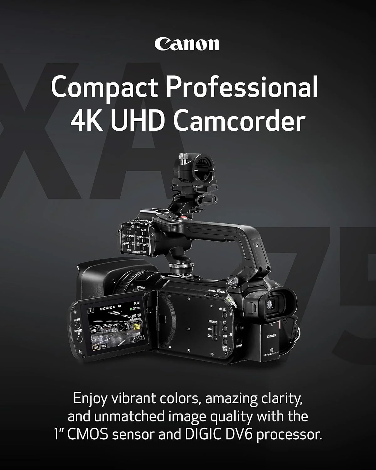 دوربین فیلمبرداری حرفه ای Canon XA75، فیلمبرداری، ضبط و پخش ویدئوهای 4K UHD، لنز زوم اپتیکال 15x، ترمینال 3G SDI و XLR، مشکی