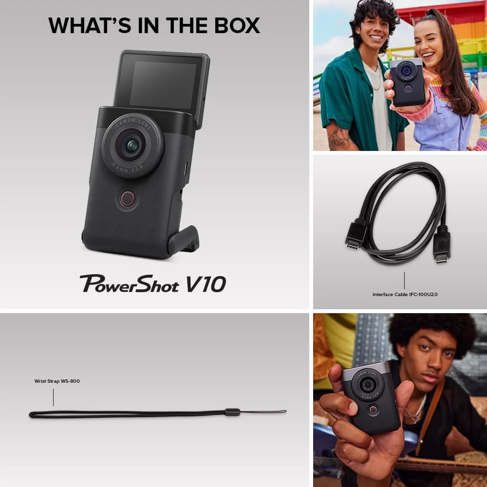 دوربین ولاگ کانن PowerShot V10 برای تولیدکنندگان محتوا، لنز واید 19 میلی‌متری، سنسور CMOS 1 اینچی، ویدیوی 4K، ردیابی چهره، میکروفون داخلی، تثبیت‌کننده تصویر، وب‌کم، پخش زنده، نقره‌ای