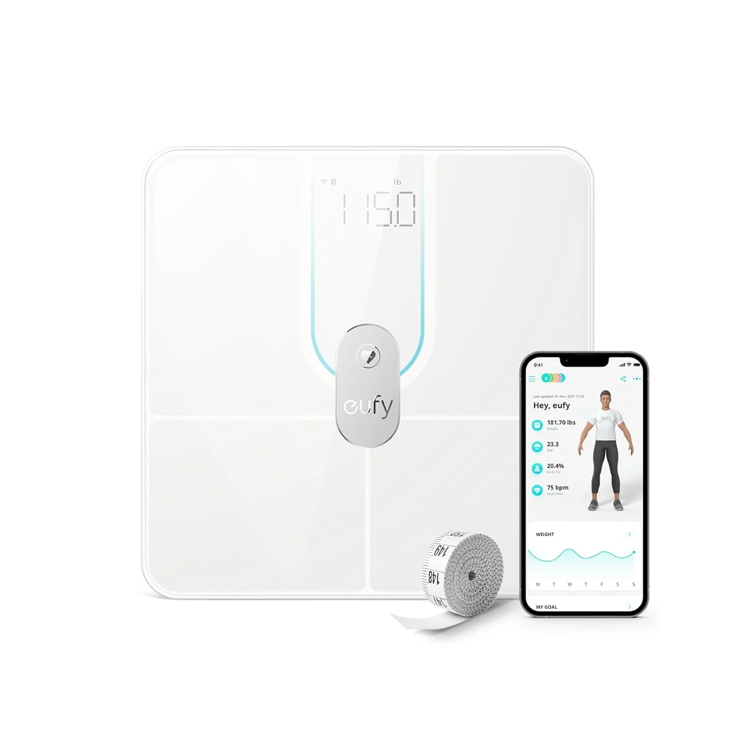 ترازو هوشمند Eufy مدل Smart Scale P2 Pro، ترازوی وزن با Wi-Fi و بلوتوث، 16 اندازه گیری شامل وزن، ضربان قلب، چربی بدن، BMI، توده عضلانی و استخوانی، حالت بدن مجازی سه بعدی، 50 گرم / 0.1 پوند