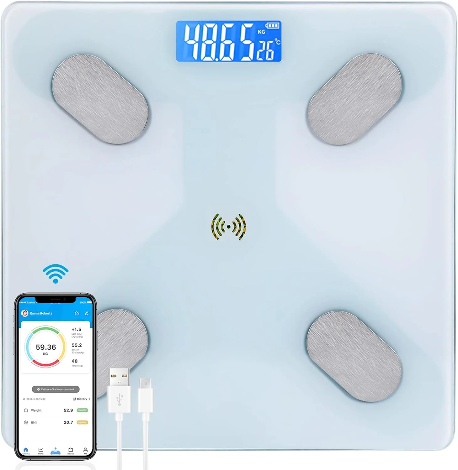 ترازو دیجیتال SKY-TOUCH، ترازو چربی بدن بلوتوثی، نمایشگر LED و روشن شدن با قدم گذاشتن، آنالیزور سلامت و ترکیب بدن، با شارژ USB، 26x260x2 سانتی متر، سفید ترازو دیجیتال SKY-TOUCH، ترازو چربی بدن بلوتوثی، نمایشگر LED و روشن شدن با قدم گذاشتن، آنالیزور سلامت و ترکیب بدن، با شارژ USB، 26x260x2 سانتی متر، سفید