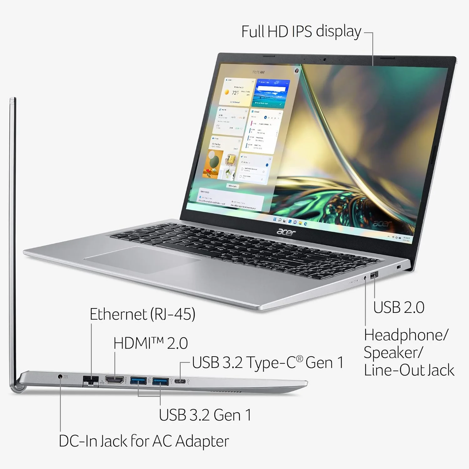 لپ تاپ باریک Acer Aspire 5 A515-56-347N - صفحه نمایش 15.6 اینچی Full HD IPS - پردازنده دو هسته ای نسل 11 اینتل i3-1115G4 - 8 گیگابایت DDR4 - 128 گیگابایت NVMe SSD - WiFi 6 - آمازون الکسا - ویندوز 11 هوم در حالت S لپ تاپ باریک Acer Aspire 5 A515-56-347N - صفحه نمایش 15.6 اینچی Full HD IPS - پردازنده دو هسته ای نسل 11 اینتل i3-1115G4 - 8 گیگابایت DDR4 - 128 گیگابایت NVMe SSD - WiFi 6 - آمازون الکسا - ویندوز 11 هوم در حالت S