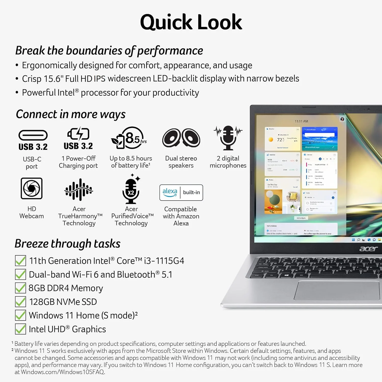 لپ تاپ باریک Acer Aspire 5 A515-56-347N - صفحه نمایش 15.6 اینچی Full HD IPS - پردازنده دو هسته ای نسل 11 اینتل i3-1115G4 - 8 گیگابایت DDR4 - 128 گیگابایت NVMe SSD - WiFi 6 - آمازون الکسا - ویندوز 11 هوم در حالت S لپ تاپ باریک Acer Aspire 5 A515-56-347N - صفحه نمایش 15.6 اینچی Full HD IPS - پردازنده دو هسته ای نسل 11 اینتل i3-1115G4 - 8 گیگابایت DDR4 - 128 گیگابایت NVMe SSD - WiFi 6 - آمازون الکسا - ویندوز 11 هوم در حالت S