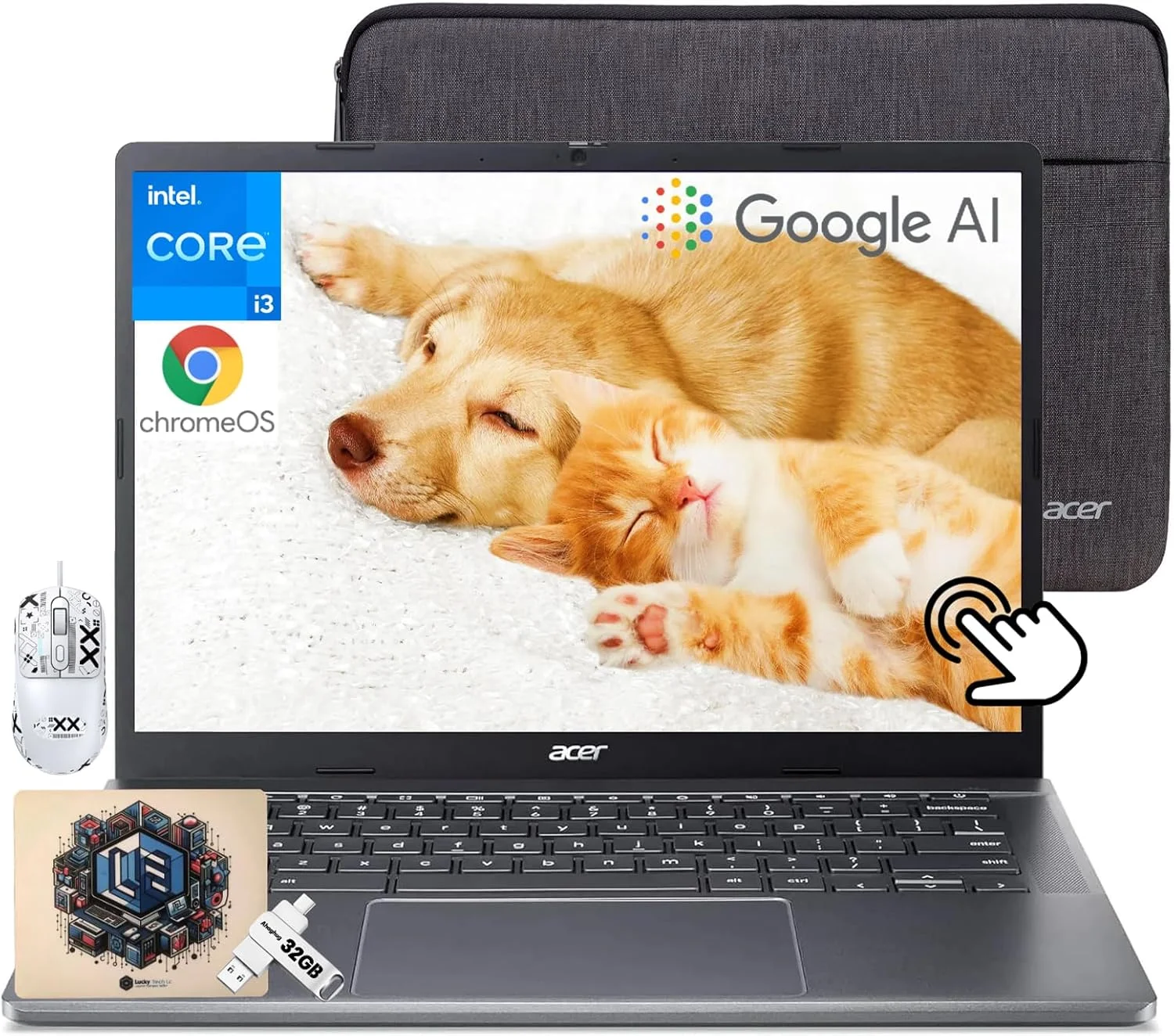 لپ تاپ Acer Chromebook Plus 514 با هوش مصنوعی گوگل، پردازنده 8 هسته ای Intel i3-N305، رم 8 گیگابایتی LPDDR5، حافظه SSD 512 گیگابایتی، فلش درایو USB C 32 گیگابایتی، صفحه نمایش لمسی 14 اینچی FHD IPS، Wi-Fi 6E، وب کم 1080P، سیستم عامل Chrome، ماوس ثبت اختراع شده