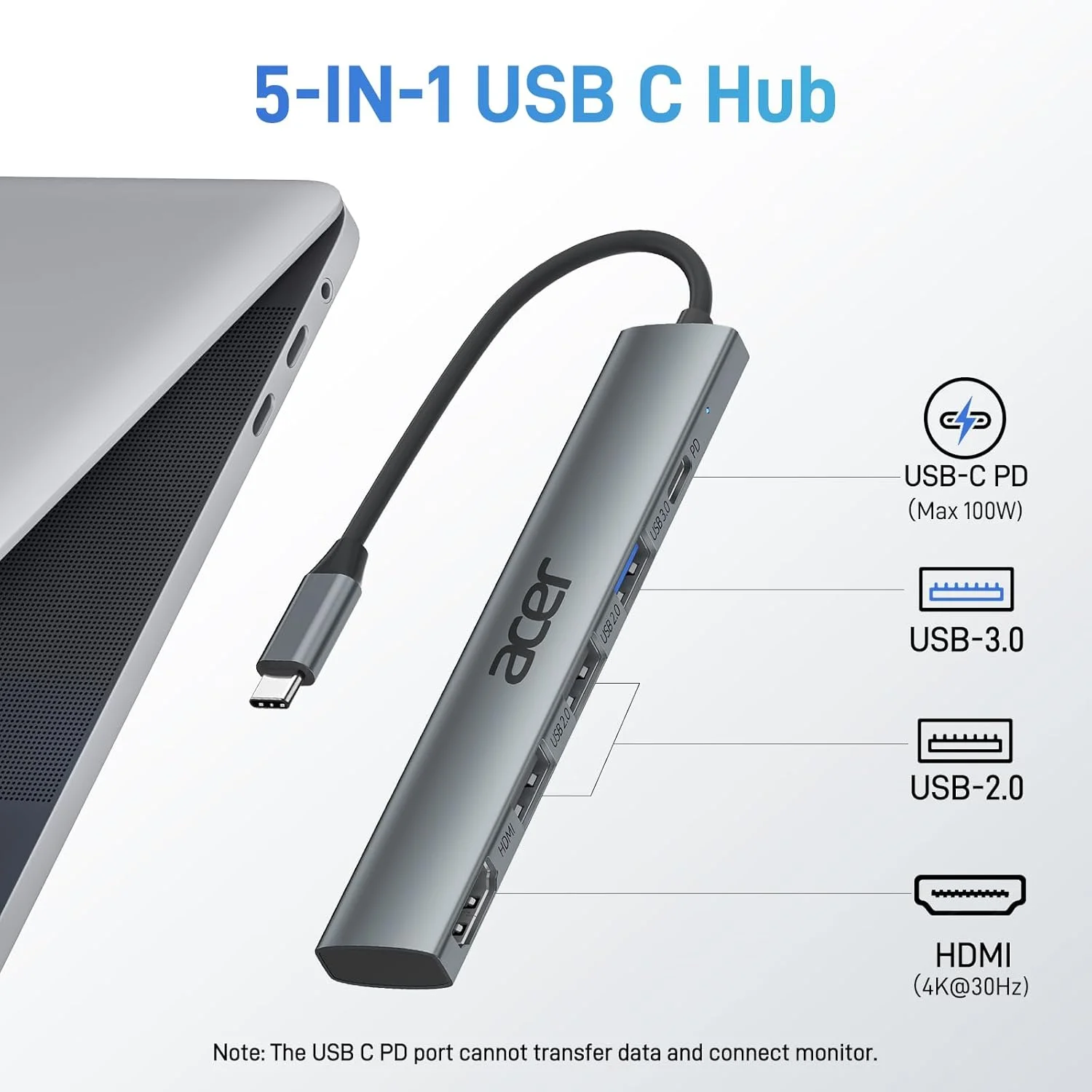 هاب USB C ایسر به آداپتور HDMI 4K، توسعه Type-C [5 در 1] اسپلیتر USB چند پورت با PD 100W، 3 پورت داده USB A، سازگار برای لپ تاپ تبلت، MacBook Pro/Air، iPhone 16 Pro/Pro Max، iPad Pro