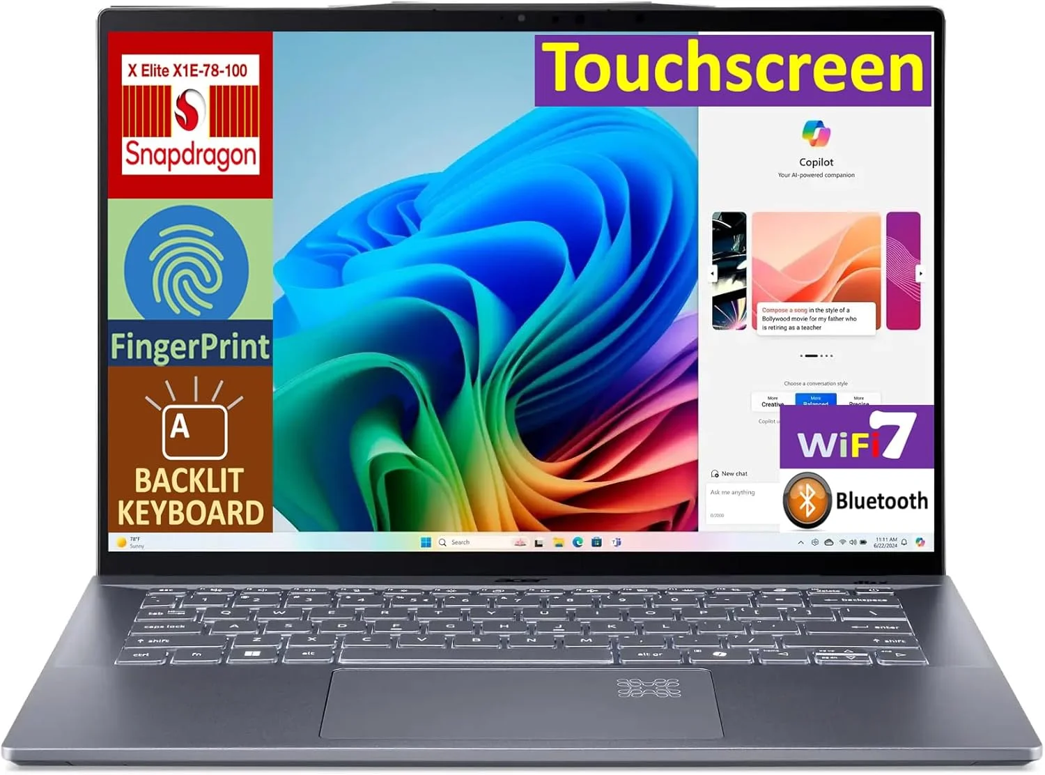 لپ تاپ Acer Swift 14 مجهز به هوش مصنوعی، صفحه نمایش لمسی 14.5 اینچی IPS WQXGA (Qualcomm Snapdragon X Elite X1E-78-100، 16 گیگابایت LPDDR5X، 2 ترابایت PCIe SSD، ویندوز 11 هوم) به همراه MS 365 Personal و DKZ USB Port Expander لپ تاپ Acer Swift 14 مجهز به هوش مصنوعی، صفحه نمایش لمسی 14.5 اینچی IPS WQXGA (Qualcomm Snapdragon X Elite X1E-78-100، 16 گیگابایت LPDDR5X، 2 ترابایت PCIe SSD، ویندوز 11 هوم) به همراه MS 365 Personal و DKZ USB Port Expander