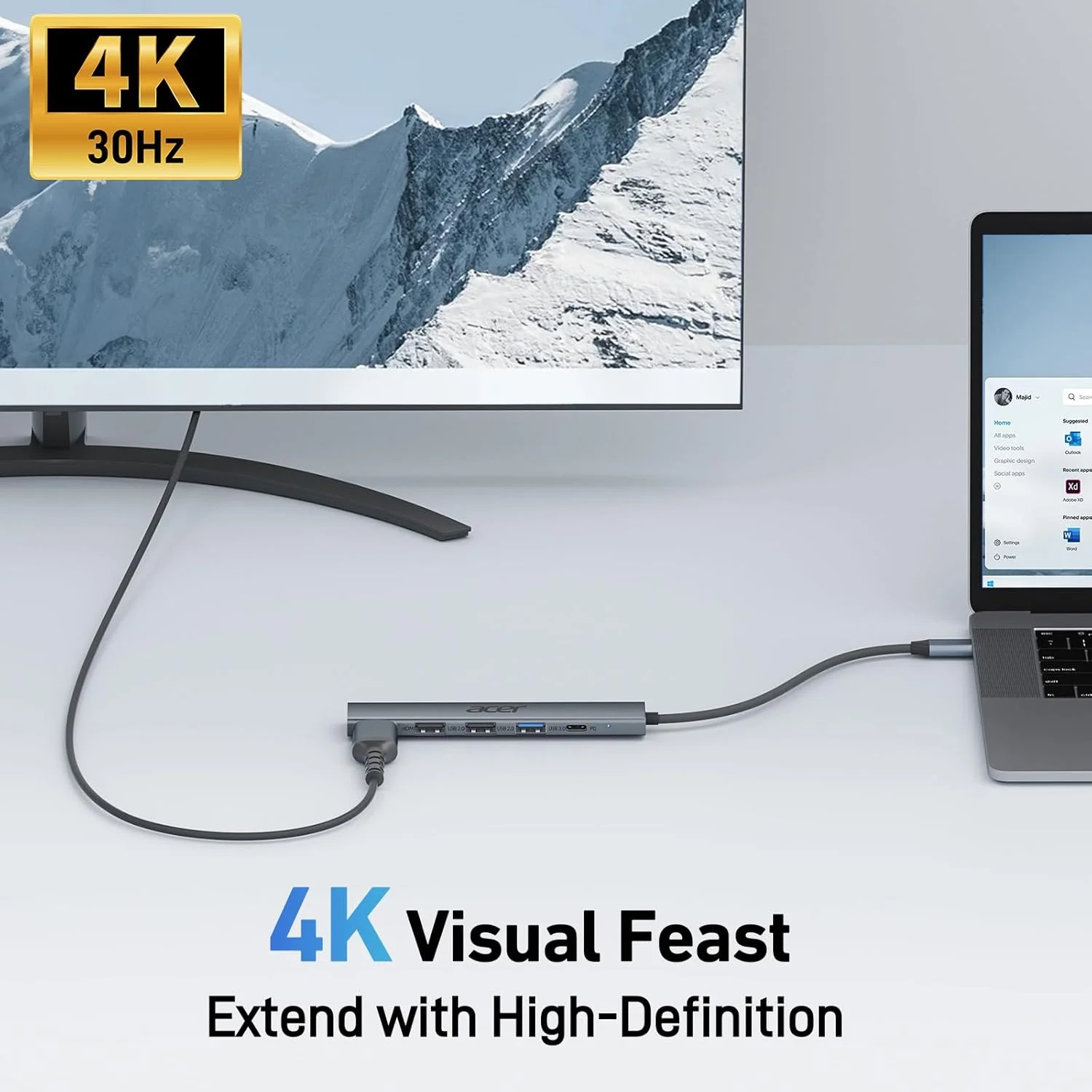 هاب USB C ایسر به آداپتور HDMI 4K، توسعه Type-C [5 در 1] اسپلیتر USB چند پورت با PD 100W، 3 پورت داده USB A، سازگار برای لپ تاپ تبلت، MacBook Pro/Air، iPhone 16 Pro/Pro Max، iPad Pro