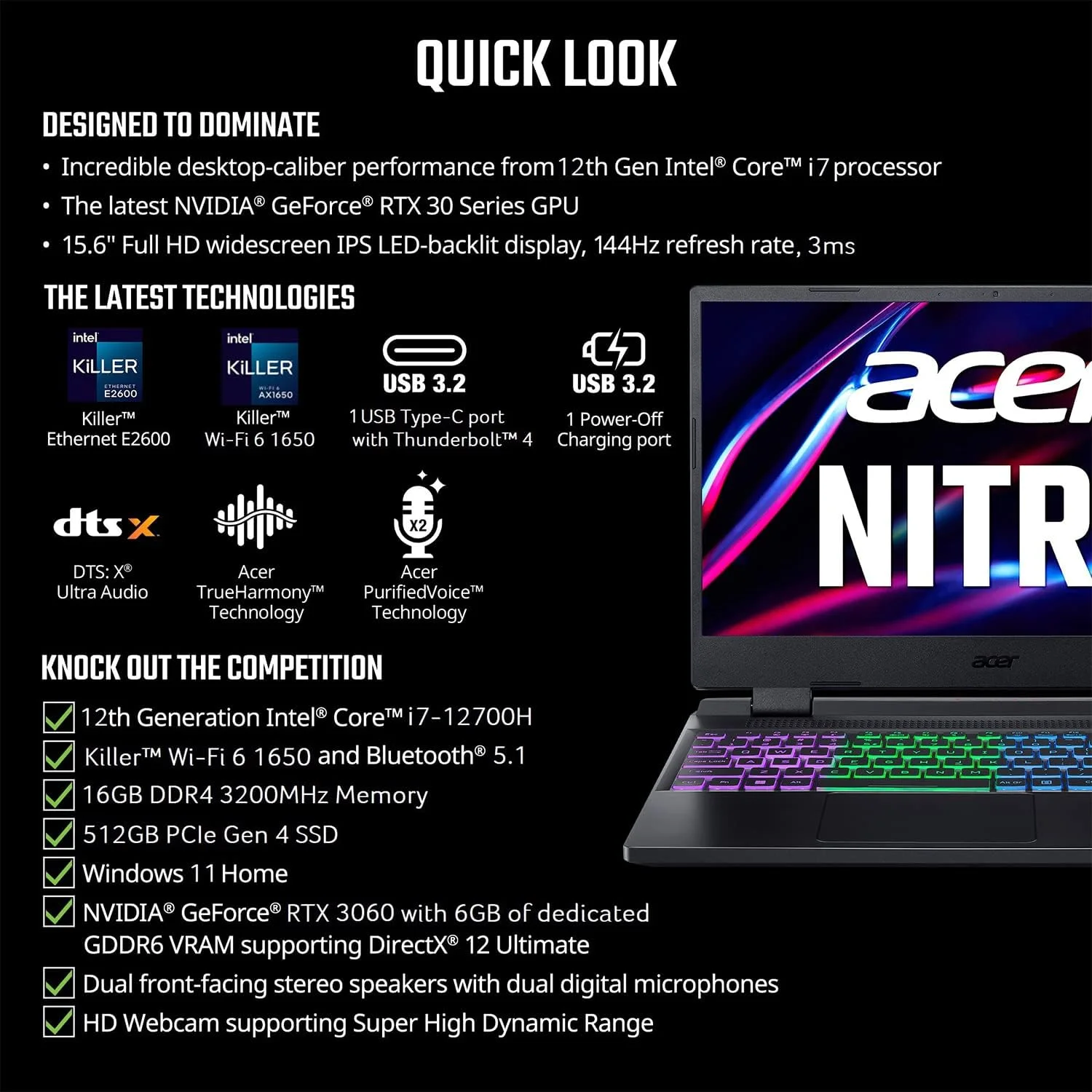 لپ تاپ گیمینگ Acer Nitro 5 AN515-58-725A | پردازنده Intel Core i7-12700H | کارت گرافیک NVIDIA GeForce RTX 3060 | صفحه نمایش 15.6 اینچی FHD 144Hz 3ms IPS | 16 گیگابایت DDR4 | 512 گیگابایت SSD Gen 4 | Killer Wi-Fi 6 | کیبورد RGB لپ تاپ گیمینگ Acer Nitro 5 AN515-58-725A | پردازنده Intel Core i7-12700H | کارت گرافیک NVIDIA GeForce RTX 3060 | صفحه نمایش 15.6 اینچی FHD 144Hz 3ms IPS | 16 گیگابایت DDR4 | 512 گیگابایت SSD Gen 4 | Killer Wi-Fi 6 | کیبورد RGB