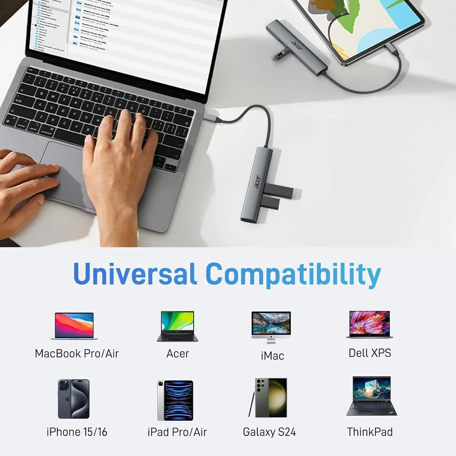 هاب USB C ایسر به آداپتور HDMI 4K، توسعه Type-C [5 در 1] اسپلیتر USB چند پورت با PD 100W، 3 پورت داده USB A، سازگار برای لپ تاپ تبلت، MacBook Pro/Air، iPhone 16 Pro/Pro Max، iPad Pro