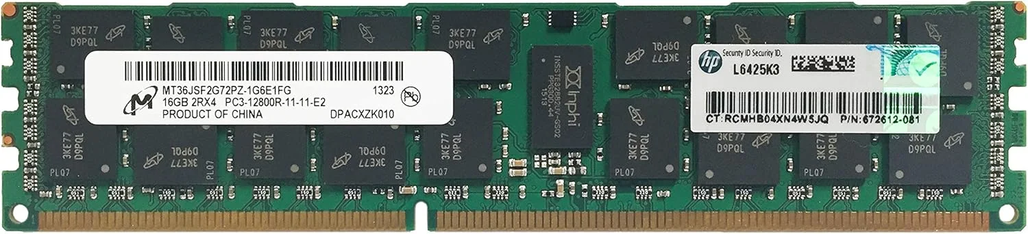 ارتقاء حافظه سرور 16 گیگابایتی اورجینال اچ پی Micron (1x16GB) برای سرورهای HP Proliant Gen8 مدل 672612-081 DDR3 1600Mhz PC3-12800 ECC Registered 2Rx4 CL11 1.5v DRAM RAM