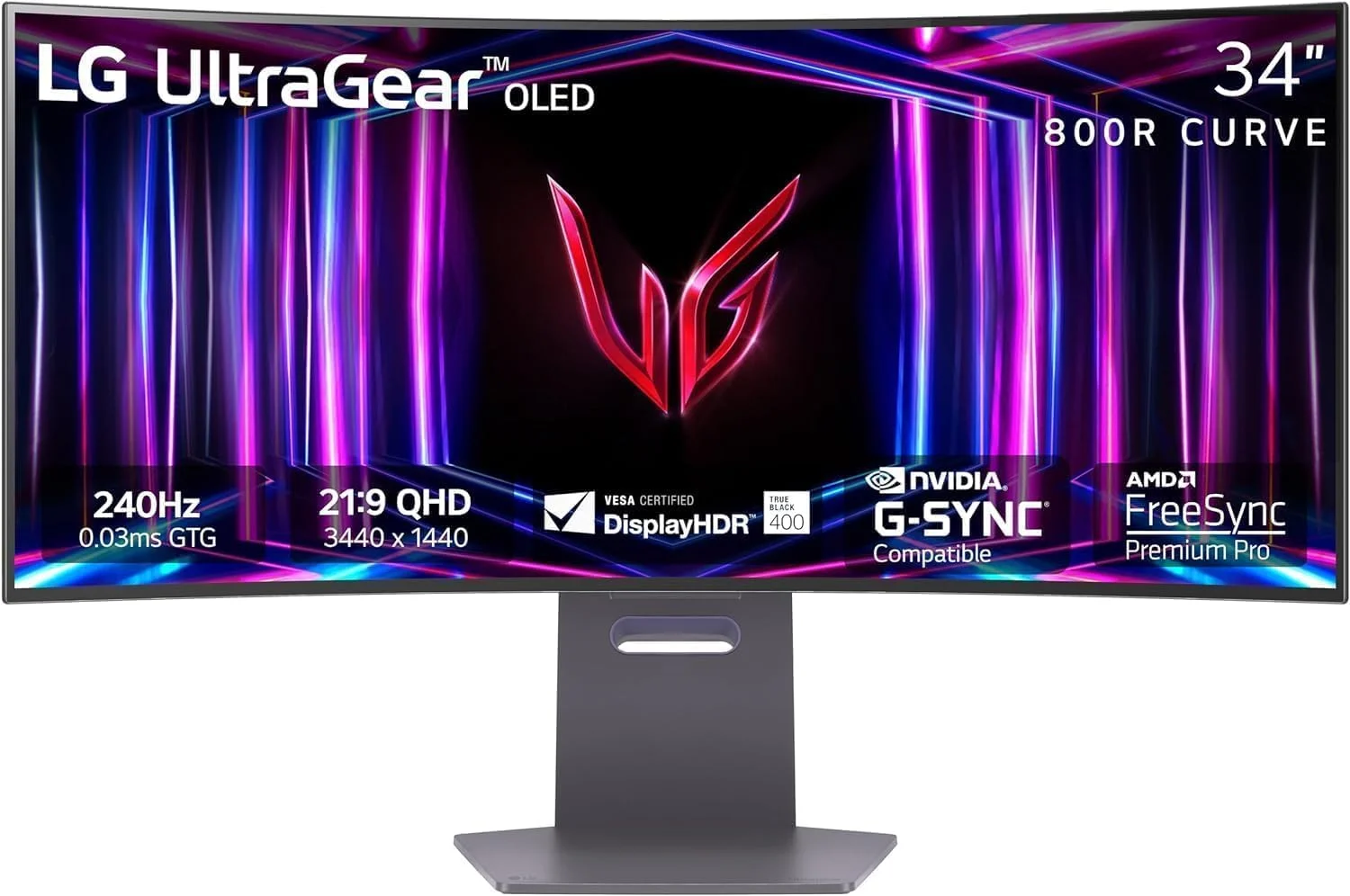 مانیتور گیمینگ خمیده اولد 34 اینچی ال‌جی مدل 34GS95QE Ultragear با رزولوشن WQHD، انحنای 800R، نرخ تازه‌سازی 240 هرتز، زمان پاسخ‌دهی 0.03 میلی‌ثانیه، DisplayHDR True Black 400، AMD FreeSync Premium Pro، NVIDIA G-Sync، HDMI 2.1، DisplayPort، پایه با قابلیت تنظیم ارتفاع/چرخش/شیب، رنگ مشکی