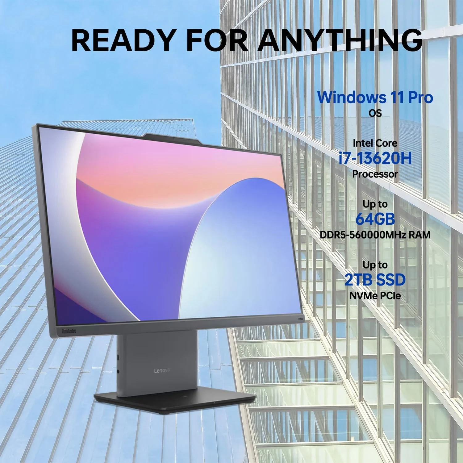 کامپیوتر همه کاره تجاری Lenovo ThinkCentre Neo 50a، صفحه نمایش 23.8 اینچی FHD ضد تابش، پردازنده Intel Core i7-13620H، رم 16 گیگابایتی DDR5، حافظه SSD 512 گیگابایتی، کیبورد و ماوس سیمی، HDMI، RJ-45، وب کم، Wi-Fi 6، ویندوز 11 پرو، مشکی