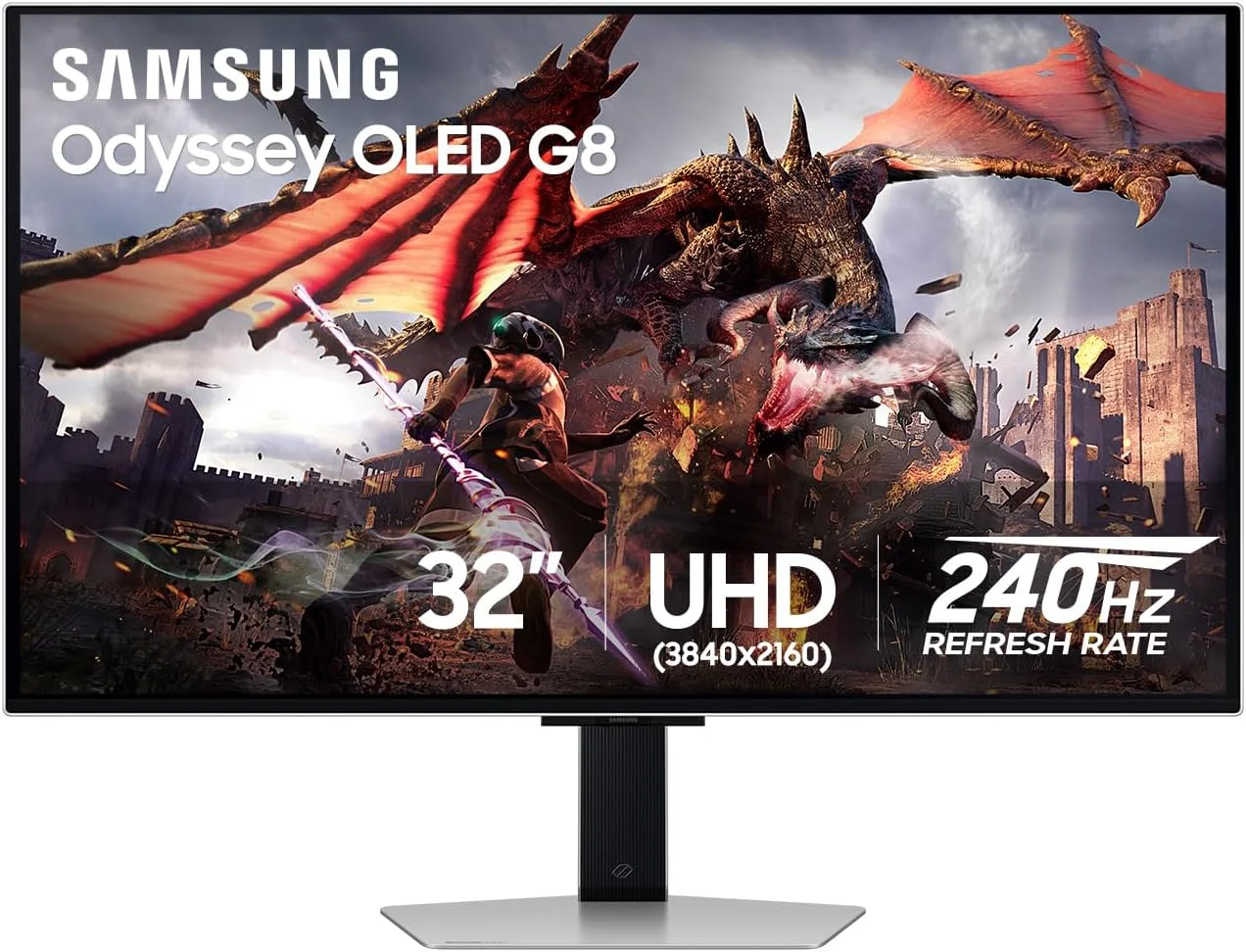 مانیتور گیمینگ هوشمند 32 اینچی SAMSUNG Odyssey OLED G8 (G80SD) سری 4K UHD، نرخ نوسازی 240 هرتز، زمان پاسخگویی 0.03 میلی‌ثانیه، صفحه نمایش بدون بازتاب نور، Gaming Hub، طراحی فلزی شیک قابل تنظیم، LS32DG802SNXZA، 2024