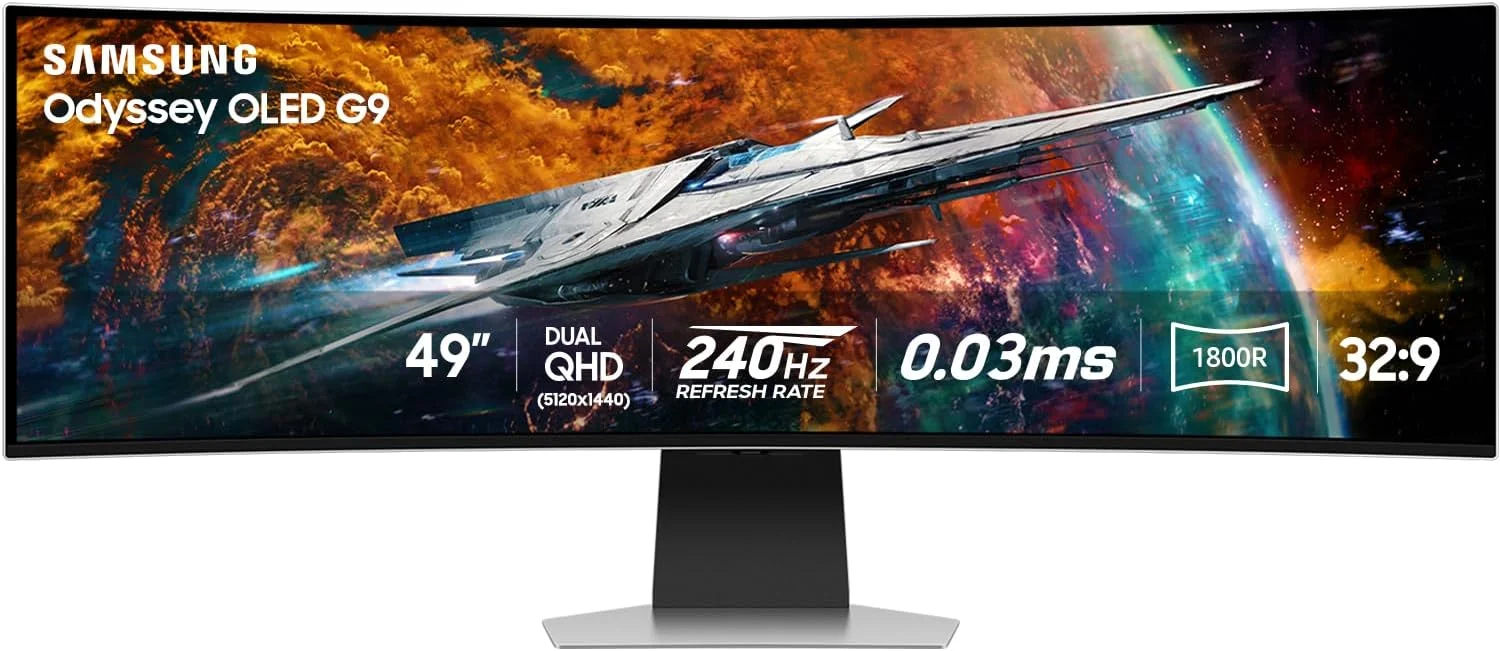 مانیتور گیمینگ هوشمند خمیده 49 اینچی سامسونگ Odyssey OLED G9 (G95SC) با QD-OLED، نرخ نوسازی 240 هرتز، زمان پاسخگویی 0.03 میلی‌ثانیه، AMD Freestyle Premium Pro، سازگار با G-Sync، Dual QHD، پردازنده Neo Quantum Pro، مدل LS49CG954SNXZA