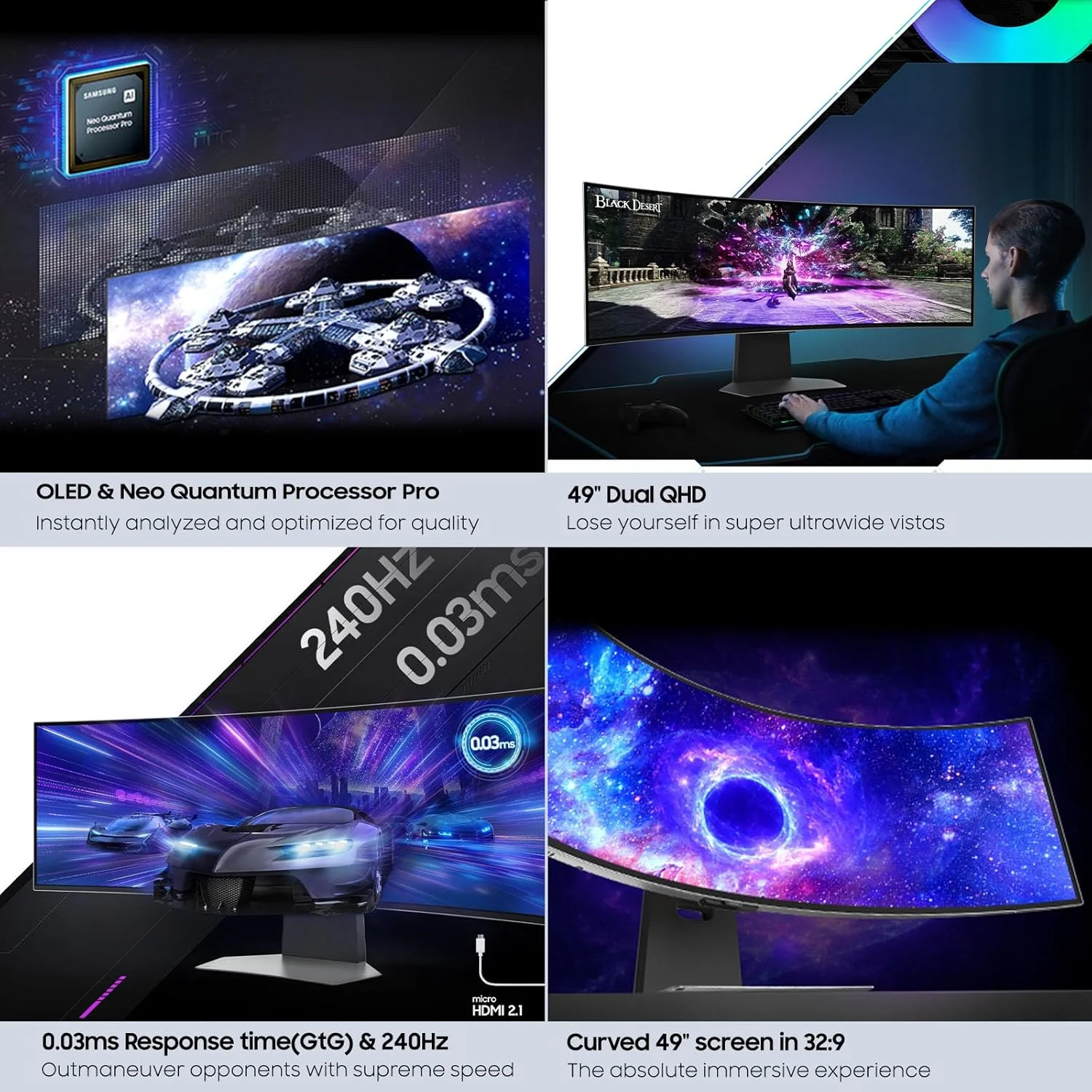 مانیتور گیمینگ هوشمند خمیده 49 اینچی سامسونگ Odyssey OLED G9 (G95SC) با QD-OLED، نرخ نوسازی 240 هرتز، زمان پاسخگویی 0.03 میلی‌ثانیه، AMD Freestyle Premium Pro، سازگار با G-Sync، Dual QHD، پردازنده Neo Quantum Pro، مدل LS49CG954SNXZA
