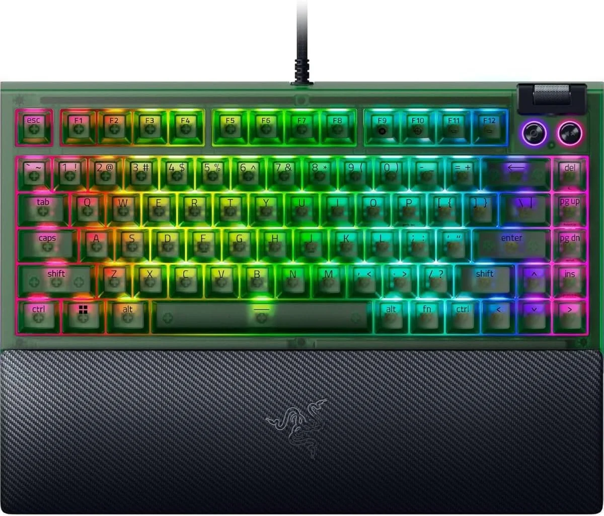 کیبورد گیمینگ مکانیکی 75% Razer BlackWidow V4: طراحی تعویض سریع، جمع و جور و بادوام، سوییچ‌های لمسی نارنجی، Chroma RGB، غلطک MF و کلیدهای رسانه، استراحتگاه مچی راحت - سبز شبح