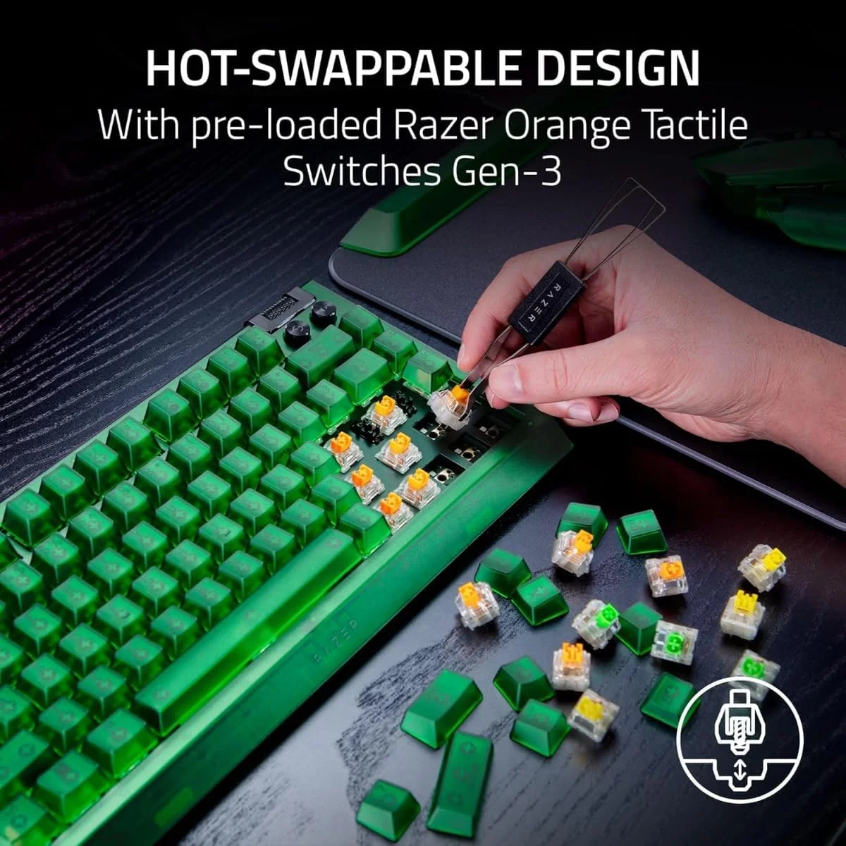کیبورد گیمینگ مکانیکی 75% Razer BlackWidow V4: طراحی تعویض سریع، جمع و جور و بادوام، سوییچ‌های لمسی نارنجی، Chroma RGB، غلطک MF و کلیدهای رسانه، استراحتگاه مچی راحت - سبز شبح