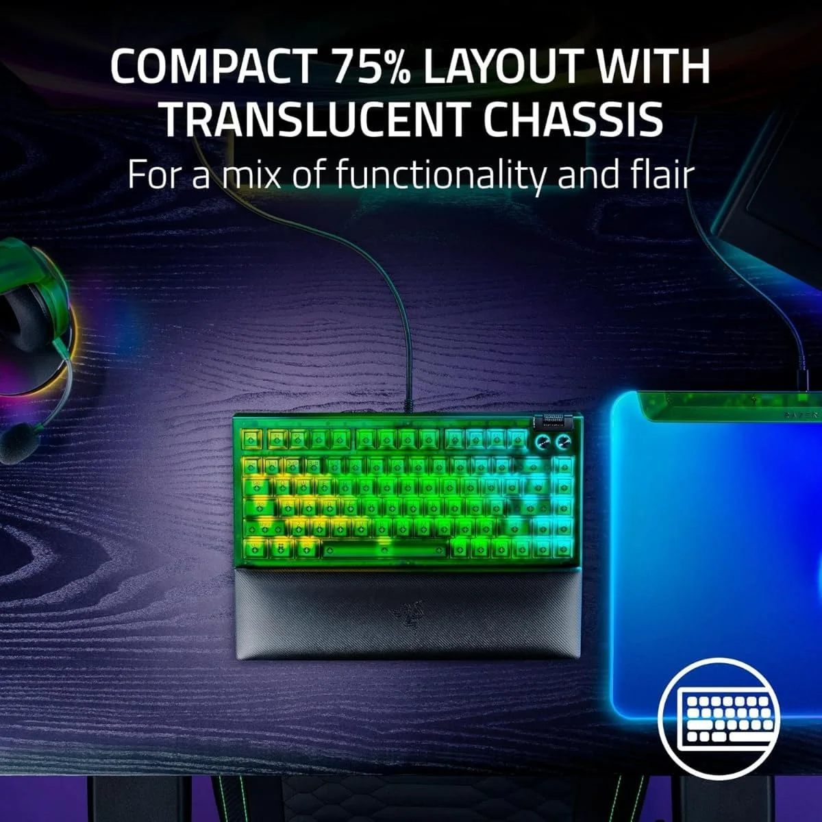 کیبورد گیمینگ مکانیکی 75% Razer BlackWidow V4: طراحی تعویض سریع، جمع و جور و بادوام، سوییچ‌های لمسی نارنجی، Chroma RGB، غلطک MF و کلیدهای رسانه، استراحتگاه مچی راحت - سبز شبح
