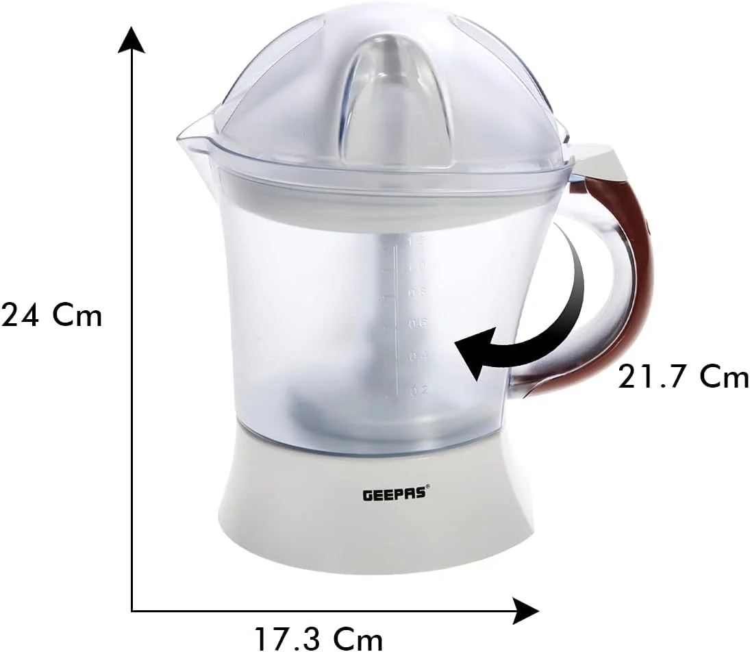آب مرکبات گیری 25 وات Geepas GCJ5384 - آبمیوه های سریع، سالم و مغذی - آبمیوه گیری آسان با 2 مخروط، چرخش دو طرفه، ظرفیت 1.2 لیتر | 2 سال گارانتی