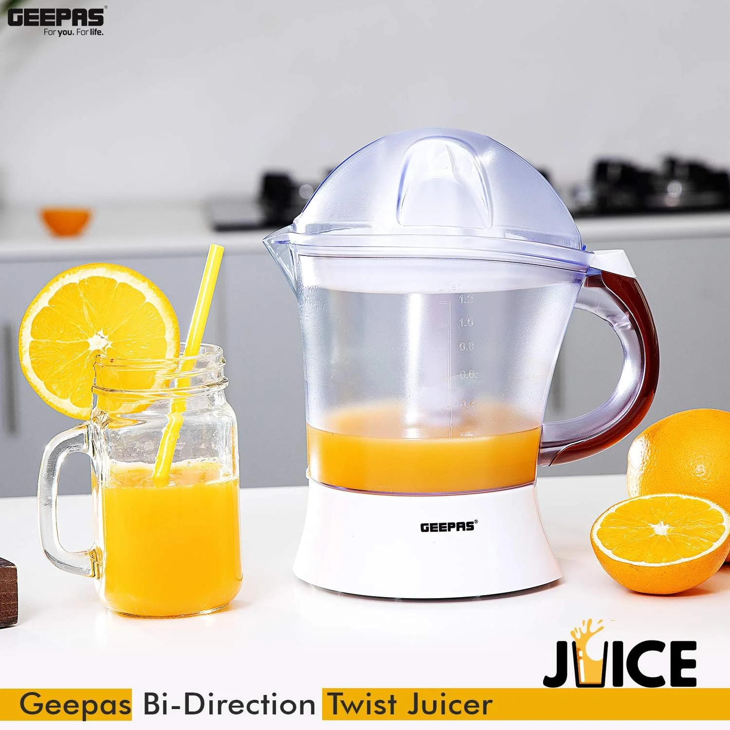 آب مرکبات گیری 25 وات Geepas GCJ5384 - آبمیوه های سریع، سالم و مغذی - آبمیوه گیری آسان با 2 مخروط، چرخش دو طرفه، ظرفیت 1.2 لیتر | 2 سال گارانتی