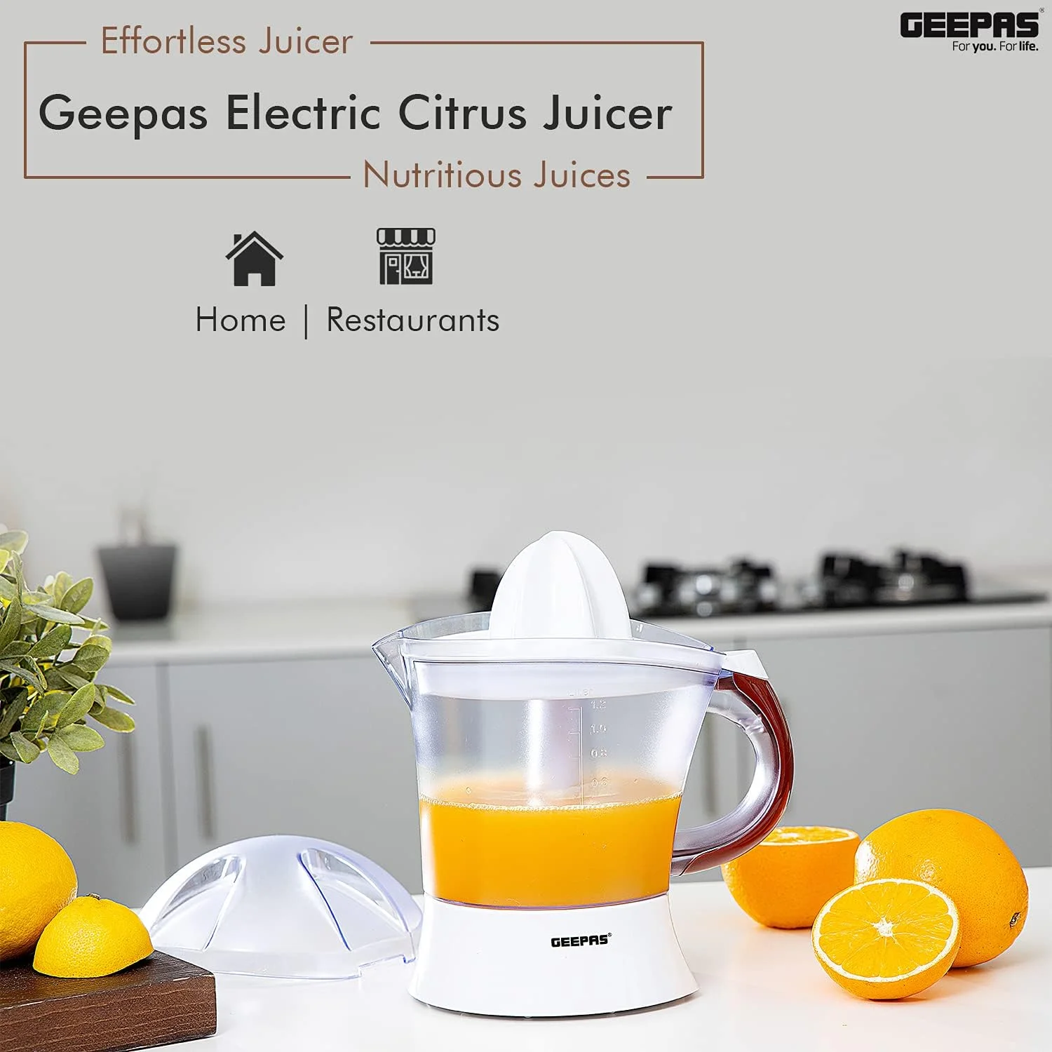 آب مرکبات گیری 25 وات Geepas GCJ5384 - آبمیوه های سریع، سالم و مغذی - آبمیوه گیری آسان با 2 مخروط، چرخش دو طرفه، ظرفیت 1.2 لیتر | 2 سال گارانتی