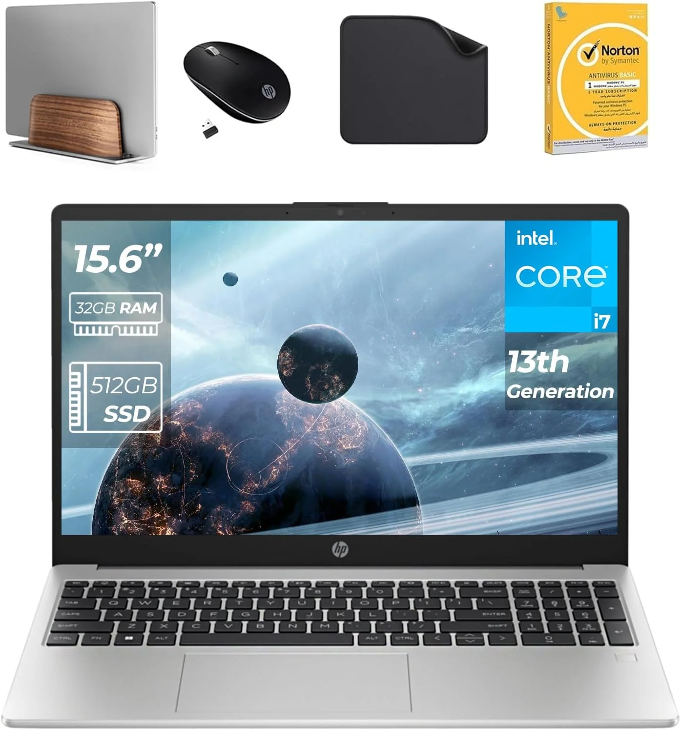 لپ تاپ HP 15.6 اینچی FHD، نسل سیزدهم پردازنده Intel Core i7-1355U، رم 32 گیگابایتی - SSD 512 گیگابایتی، ویندوز 11 پرو، دوربین 1080p FHD (شامل پایه 1st Wave + ماوس بی سیم + آنتی ویروس + پد ماوس) - 250 G10-967U6ET