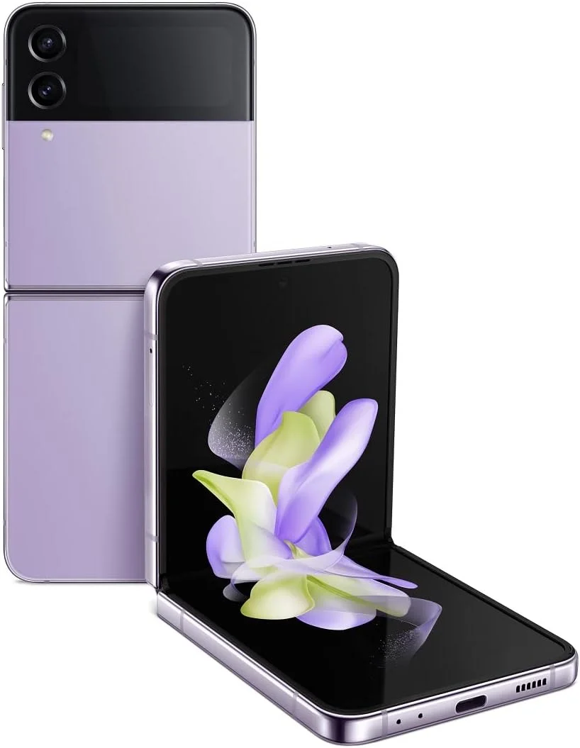 گوشی موبایل سامسونگ Galaxy Z Flip 4، گوشی هوشمند اندرویدی کارخانه آنلاک شده، 256 گیگابایت، حالت Flex، دوربین هندزفری، طراحی تاشو و جمع و جور، صفحه نمایش جلویی اطلاع رسانی، نسخه ایالات متحده، 2022، بنفش بورا
