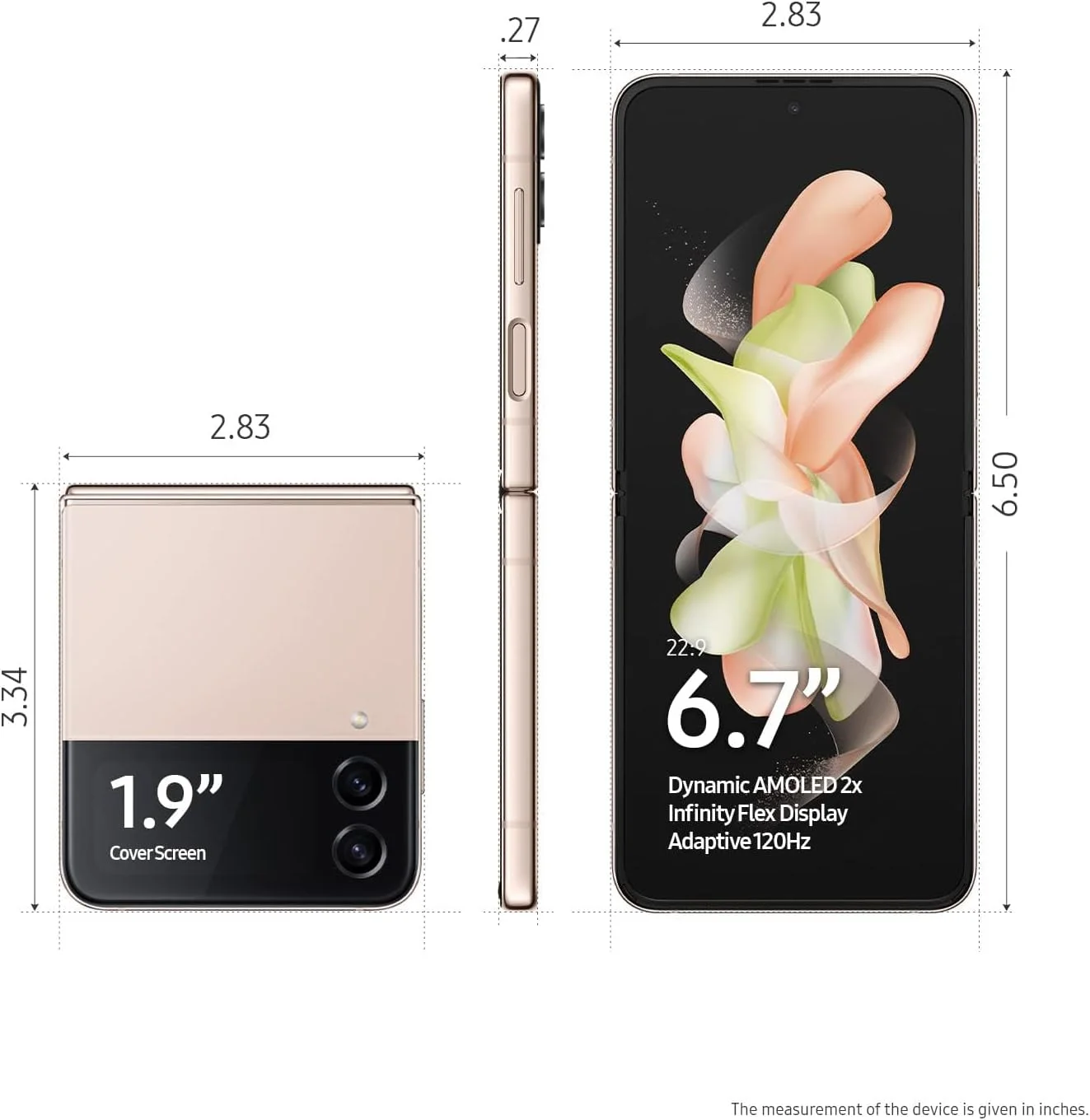 گوشی موبایل سامسونگ Galaxy Z Flip 4، گوشی هوشمند اندرویدی کارخانه آنلاک شده، 256 گیگابایت، حالت Flex، دوربین هندزفری، طراحی تاشو و جمع و جور، صفحه نمایش جلویی اطلاع رسانی، نسخه ایالات متحده، 2022، طلایی صورتی