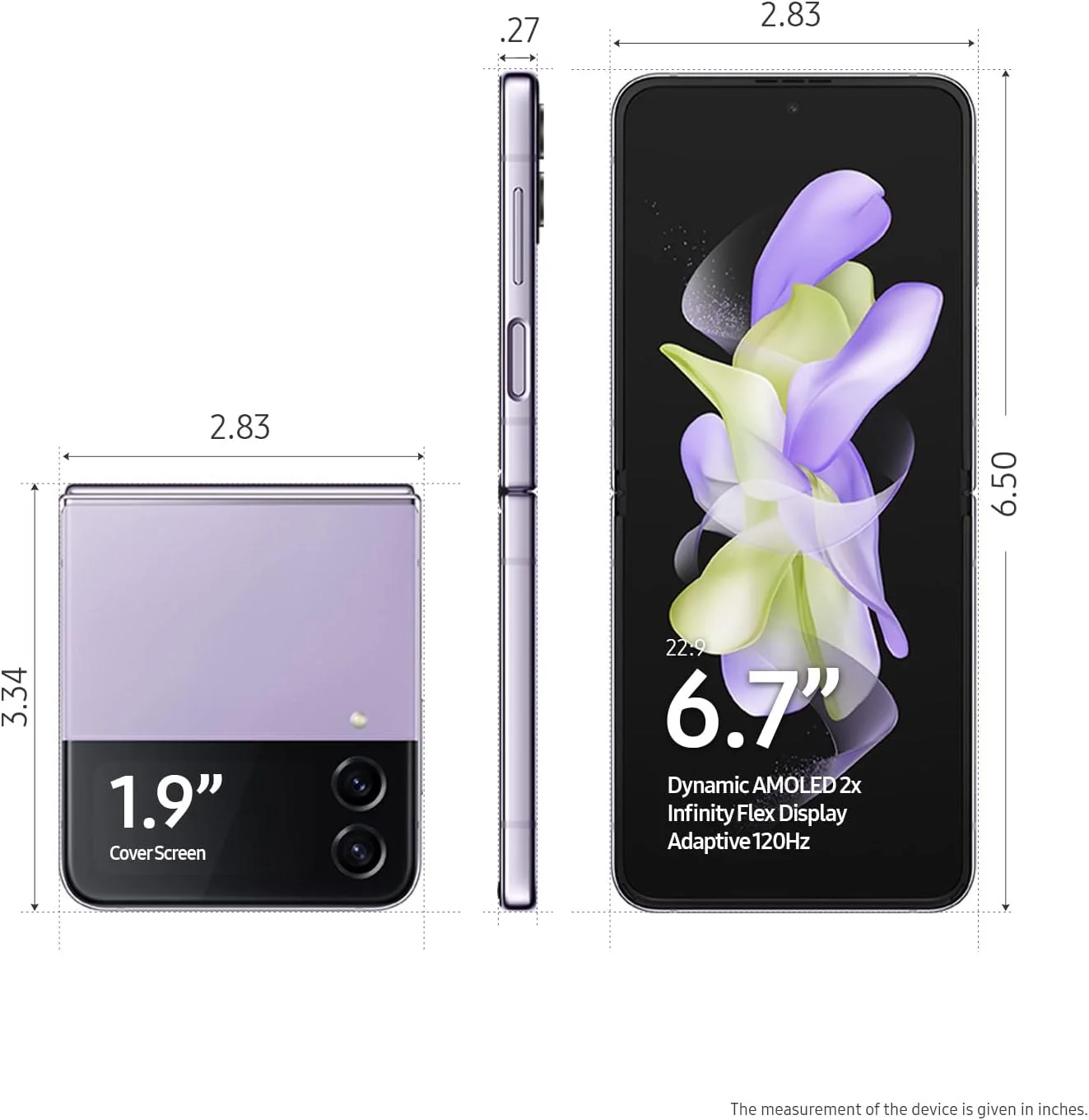 گوشی موبایل سامسونگ Galaxy Z Flip 4، گوشی هوشمند اندرویدی کارخانه آنلاک شده، 256 گیگابایت، حالت Flex، دوربین هندزفری، طراحی تاشو و جمع و جور، صفحه نمایش جلویی اطلاع رسانی، نسخه ایالات متحده، 2022، بنفش بورا