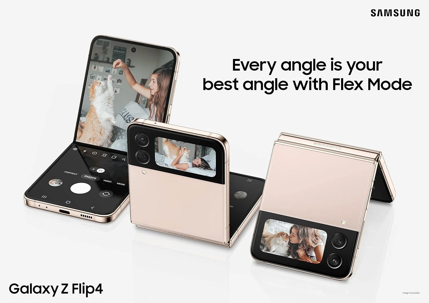 گوشی موبایل سامسونگ Galaxy Z Flip 4، گوشی هوشمند اندرویدی کارخانه آنلاک شده، 256 گیگابایت، حالت Flex، دوربین هندزفری، طراحی تاشو و جمع و جور، صفحه نمایش جلویی اطلاع رسانی، نسخه ایالات متحده، 2022، طلایی صورتی