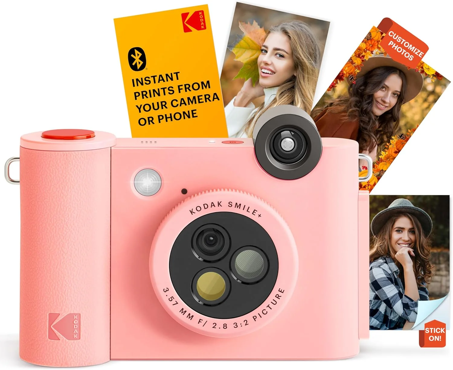 دوربین چاپ فوری دیجیتال و پرینتر عکس بلوتوث بی سیم 2 در 1 KODAK Smile+ - 10 مگاپیکسل، لنز چرخشی با جلوه ویژه، عکس های چسبنده 2x3 اینچی Zink، چاپ از طریق برنامه سرگرم کننده از دستگاه های هوشمند - صورتی