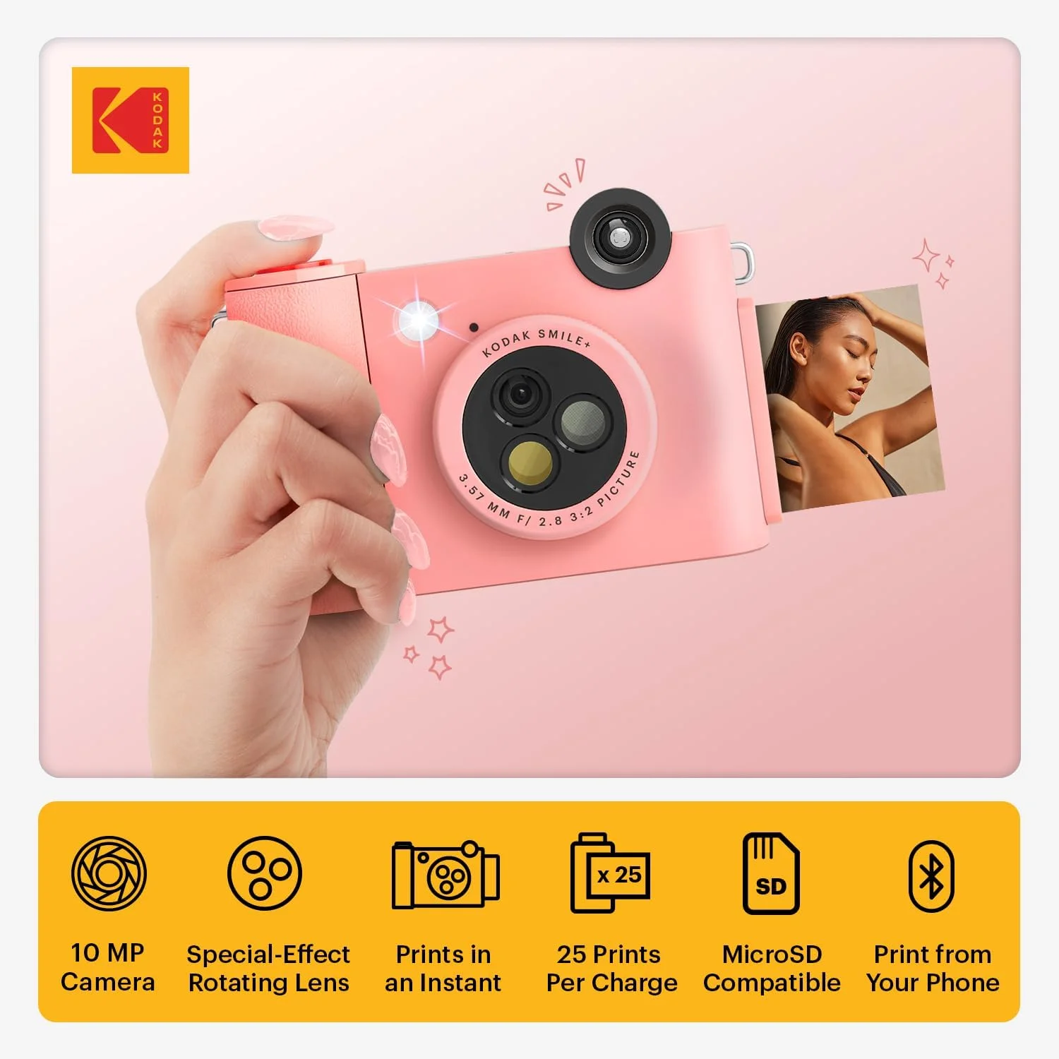 دوربین چاپ فوری دیجیتال و پرینتر عکس بلوتوث بی سیم 2 در 1 KODAK Smile+ - 10 مگاپیکسل، لنز چرخشی با جلوه ویژه، عکس های چسبنده 2x3 اینچی Zink، چاپ از طریق برنامه سرگرم کننده از دستگاه های هوشمند - صورتی