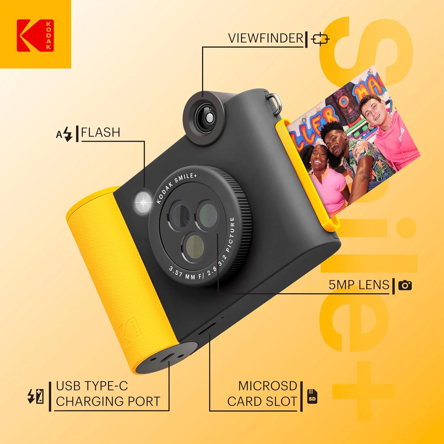 بسته شروع دوربین چاپ فوری دیجیتال 2 در 1 و چاپگر عکس بلوتوث بی سیم KODAK Smile+ به همراه کیف نرم + کاغذ عکس چسبی Zink 20 عددی - 10 مگاپیکسل، لنز چرخان با جلوه ویژه - مشکی