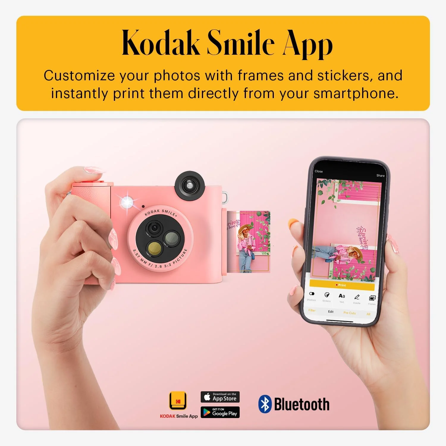 دوربین چاپ فوری دیجیتال و پرینتر عکس بلوتوث بی سیم 2 در 1 KODAK Smile+ - 10 مگاپیکسل، لنز چرخشی با جلوه ویژه، عکس های چسبنده 2x3 اینچی Zink، چاپ از طریق برنامه سرگرم کننده از دستگاه های هوشمند - صورتی