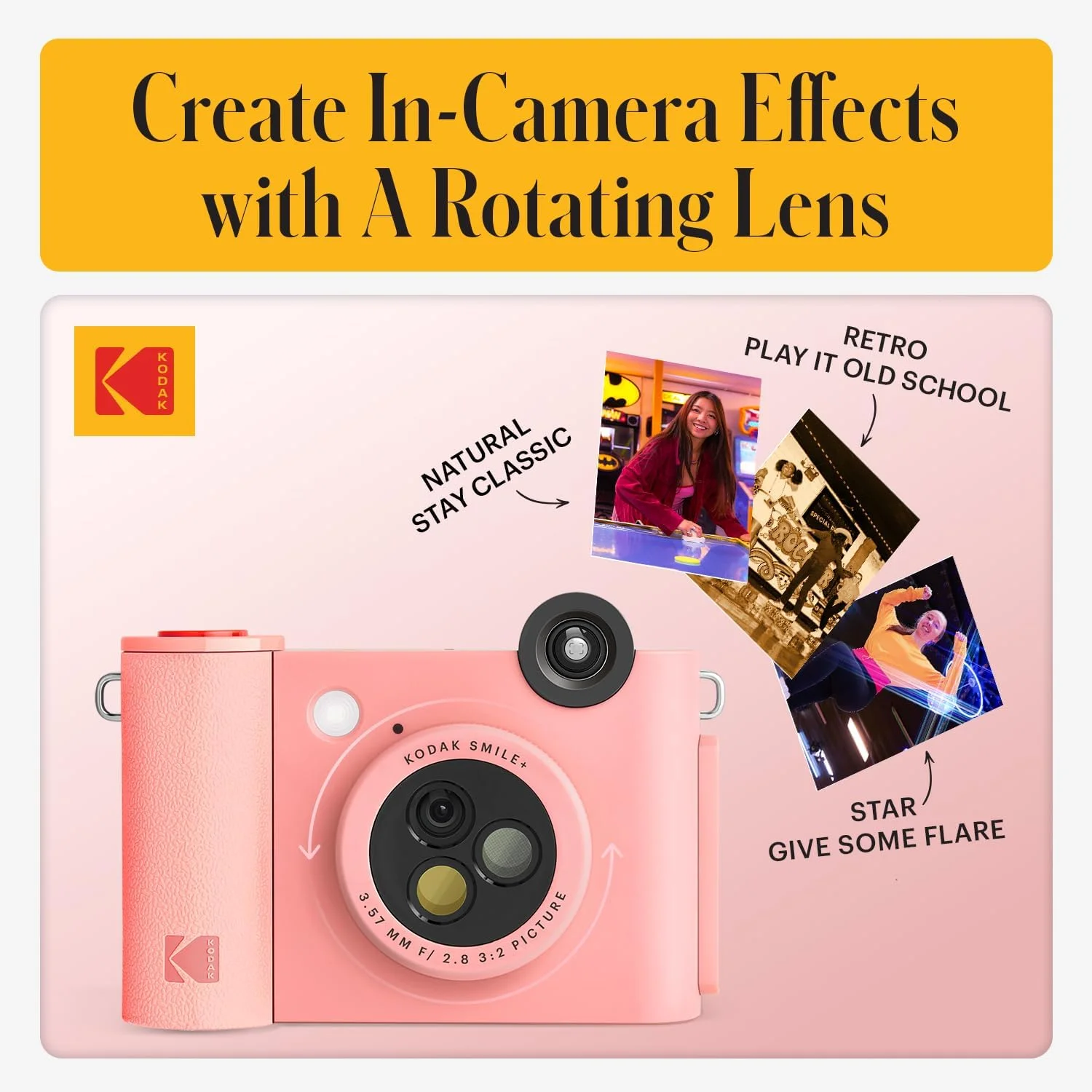 دوربین چاپ فوری دیجیتال و پرینتر عکس بلوتوث بی سیم 2 در 1 KODAK Smile+ - 10 مگاپیکسل، لنز چرخشی با جلوه ویژه، عکس های چسبنده 2x3 اینچی Zink، چاپ از طریق برنامه سرگرم کننده از دستگاه های هوشمند - صورتی