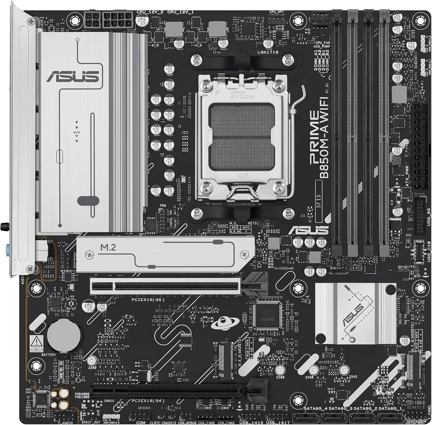 مادربرد ASUS Prime B850M-A WiFi، AMD mATX، اسلات DDR5، آماده PCIe 5.0، 3 اسلات M.2، Wi-Fi 6E، اترنت Realtek 2.5 GB، DisplayPort، HDMI، USB-C جلو 5 Gbps، BIOS Flashback، Aura Sync