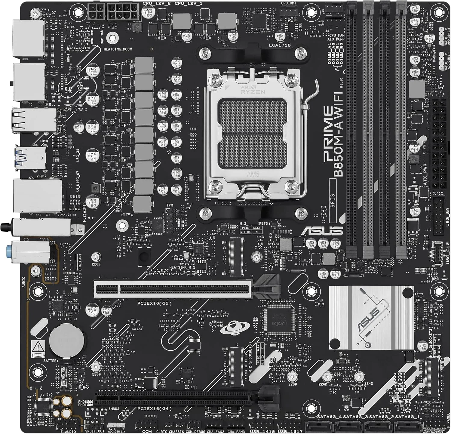 مادربرد ASUS Prime B850M-A WiFi، AMD mATX، اسلات DDR5، آماده PCIe 5.0، 3 اسلات M.2، Wi-Fi 6E، اترنت Realtek 2.5 GB، DisplayPort، HDMI، USB-C جلو 5 Gbps، BIOS Flashback، Aura Sync