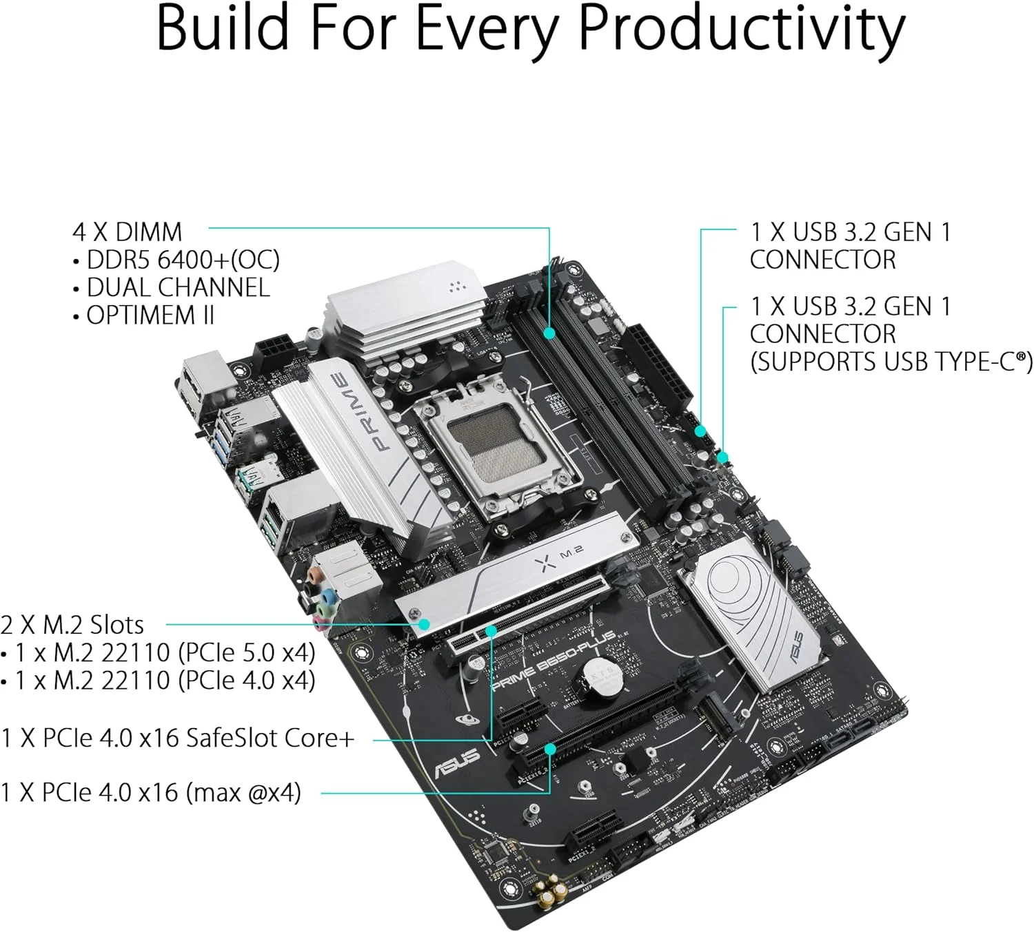 مادربرد ASUS Prime B650-PLUS AMD B650 (Ryzen 7000) ATX (DDR5, PCIe 5.0 M.2, اترنت 2.5 گیگابیتی, DisplayPort, HDMI®, USB 3.2 Gen 2 Type-C®, USB 3.2 Gen 1 Type-C® جلو, BIOS Flashback™, پشتیبانی از USB4®)