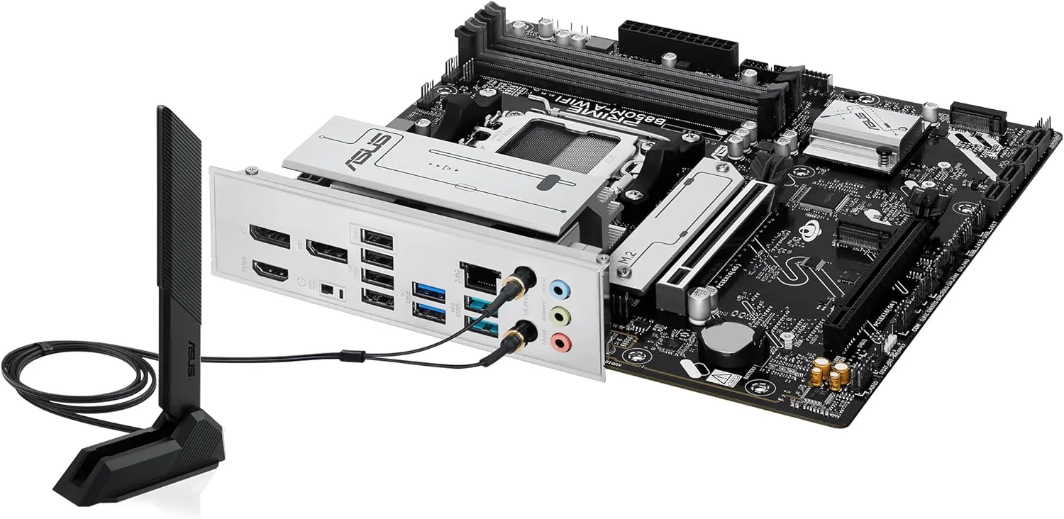 مادربرد ASUS Prime B850M-A WiFi، AMD mATX، اسلات DDR5، آماده PCIe 5.0، 3 اسلات M.2، Wi-Fi 6E، اترنت Realtek 2.5 GB، DisplayPort، HDMI، USB-C جلو 5 Gbps، BIOS Flashback، Aura Sync