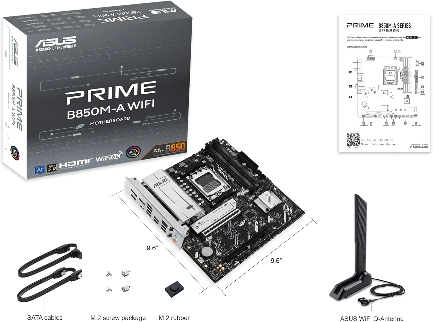 مادربرد ASUS Prime B850M-A WiFi، AMD mATX، اسلات DDR5، آماده PCIe 5.0، 3 اسلات M.2، Wi-Fi 6E، اترنت Realtek 2.5 GB، DisplayPort، HDMI، USB-C جلو 5 Gbps، BIOS Flashback، Aura Sync