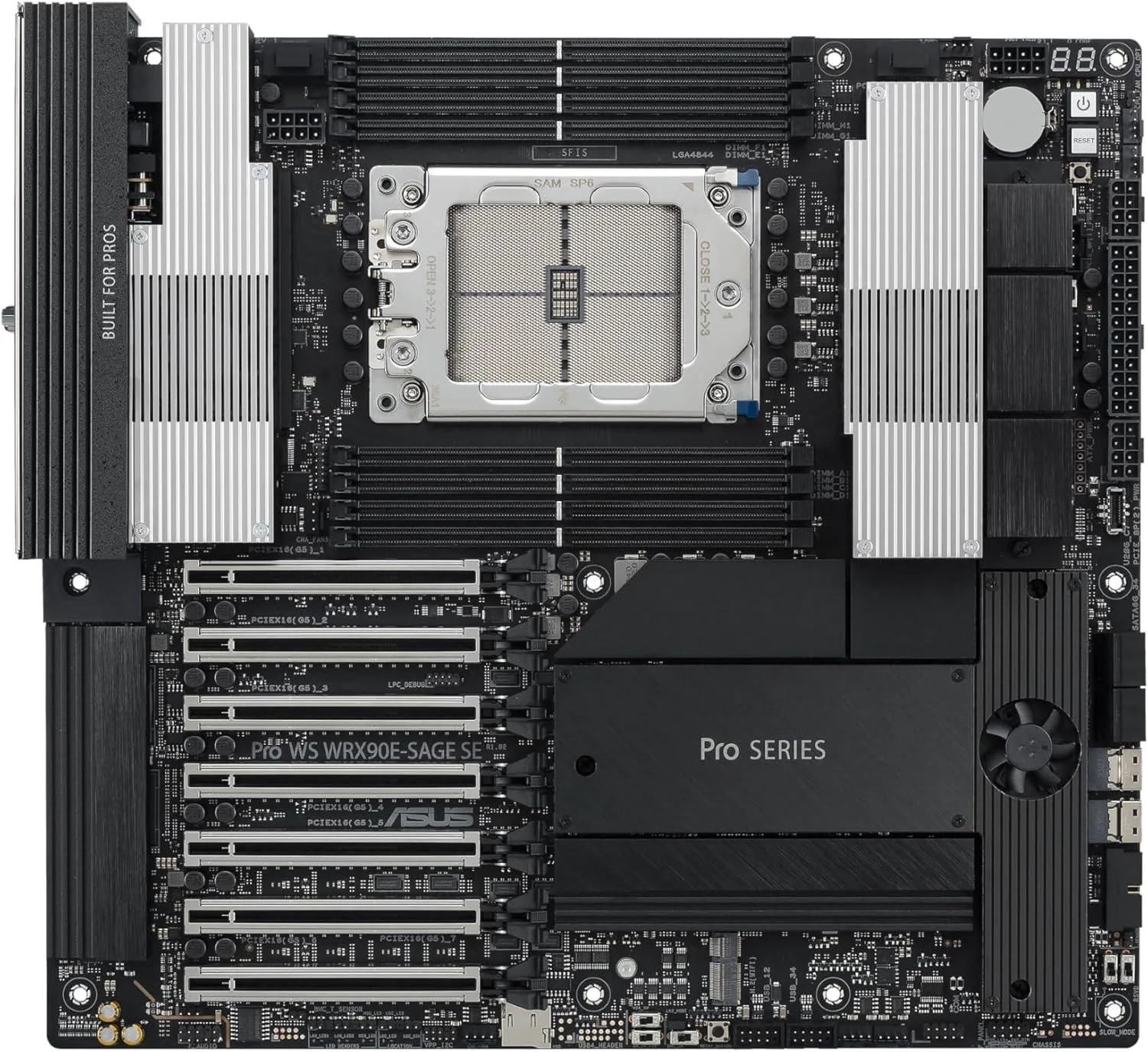مادربرد ورک استیشن ASUS Pro WS WRX90E-SAGE SE EEB، AMD Ryzen™ Threadripper™ PRO سری 7000 WX، ECC R-DIMM DDR5، 32 Power-Stage، 7xPCIe 5.0x16، PCIe 5.0 M.2، LAN 10Gb & 2.5Gb، پشتیبانی از Multi-GPU
