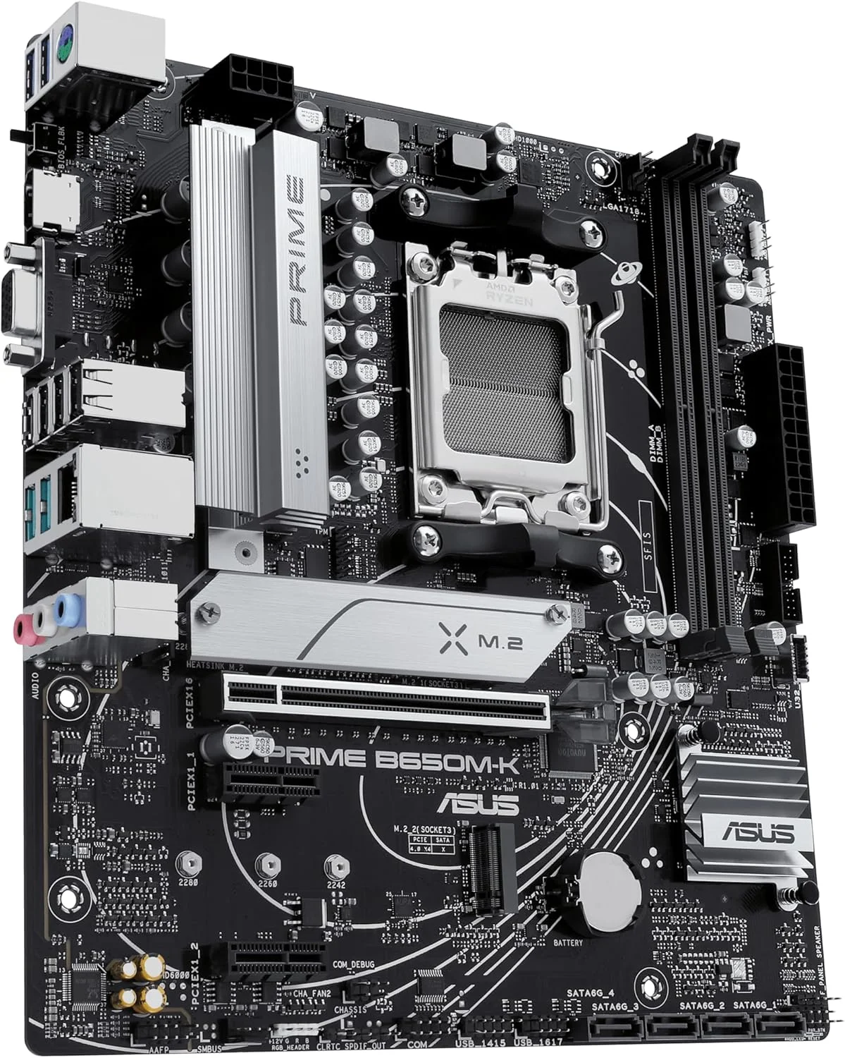 مادربرد ASUS PRIME B650M-K AMD B650 Micro-ATX: DDR5، PCIe 5.0 M.2، اترنت 2.5 گیگابیتی، HDMI، VGA، USB 3.2 Gen 2 پشتی، USB 3.2 Gen 1 Type-C® جلویی، BIOS FlashBack، Aura Sync - مشکی