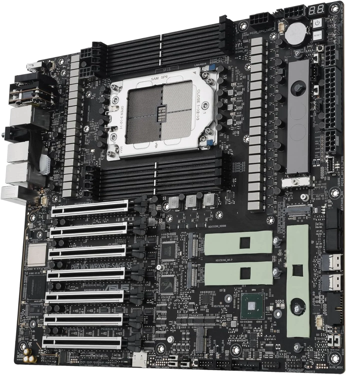 مادربرد ورک استیشن ASUS Pro WS WRX90E-SAGE SE EEB، AMD Ryzen™ Threadripper™ PRO سری 7000 WX، ECC R-DIMM DDR5، 32 Power-Stage، 7xPCIe 5.0x16، PCIe 5.0 M.2، LAN 10Gb & 2.5Gb، پشتیبانی از Multi-GPU