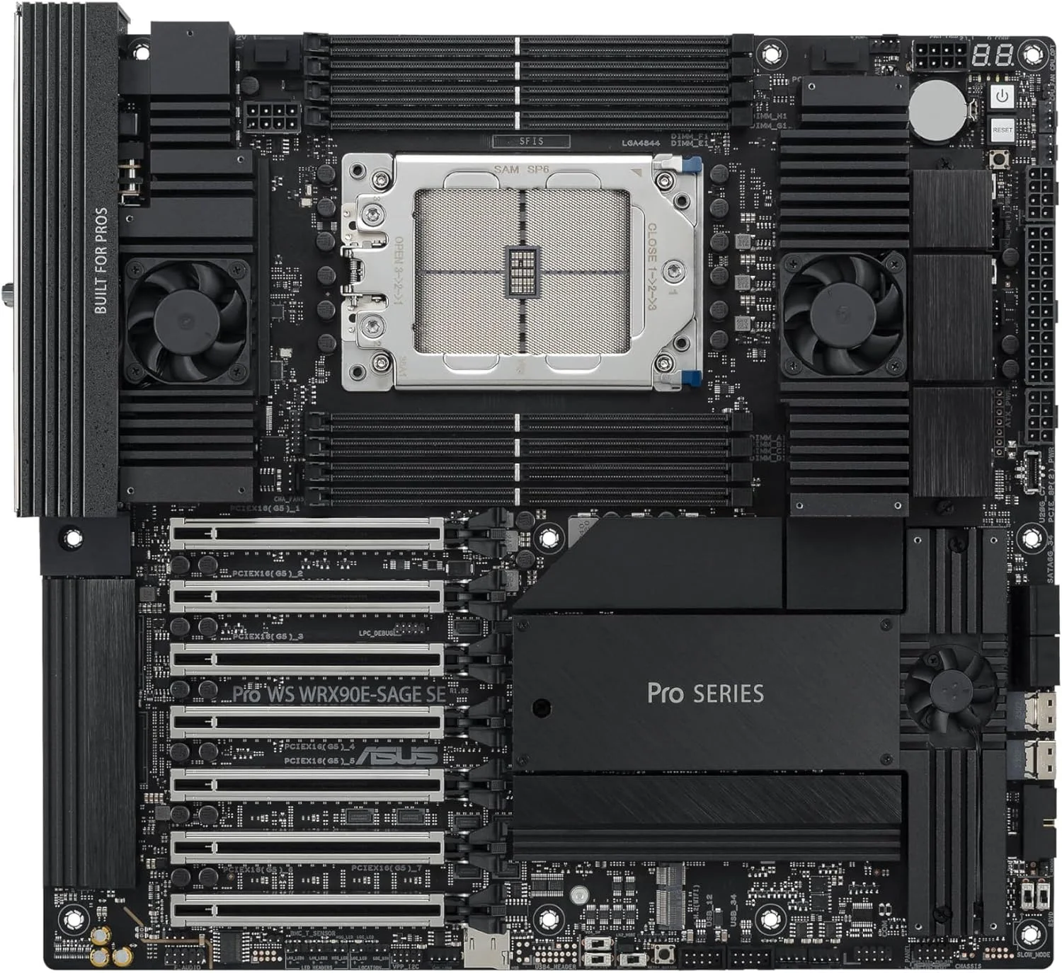مادربرد ورک استیشن ASUS Pro WS WRX90E-SAGE SE EEB، AMD Ryzen™ Threadripper™ PRO سری 7000 WX، ECC R-DIMM DDR5، 32 Power-Stage، 7xPCIe 5.0x16، PCIe 5.0 M.2، LAN 10Gb & 2.5Gb، پشتیبانی از Multi-GPU