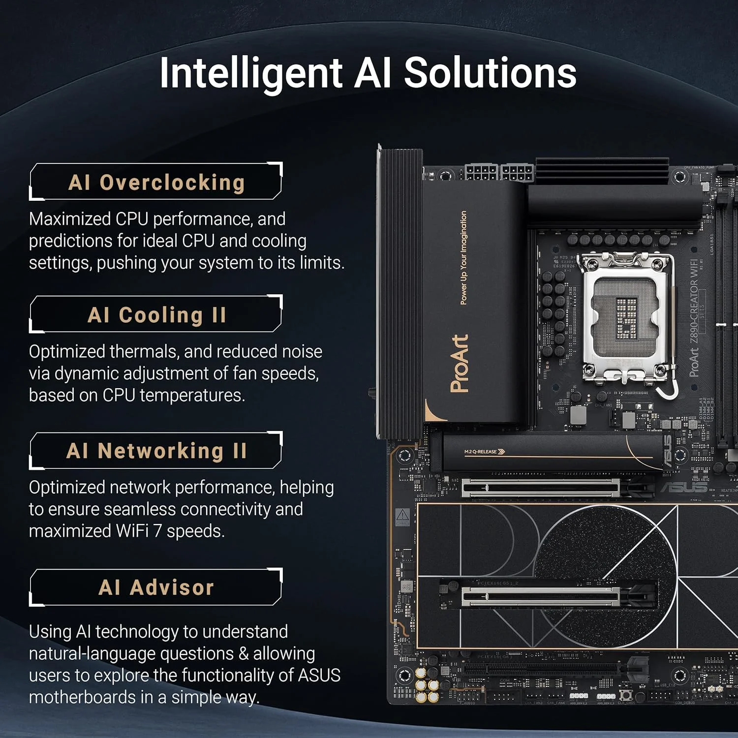 مادربرد ASUS ProArt Z890-CREATOR WIFI Z890 LGA 1851 ATX، آماده برای پردازنده های Intel® Core™ Ultra Series 2، دارای 16+2+1+2 مرحله، PCIe® 5.0، DDR5، Thunderbolt™ 5 Type-C®، LAN 10+2.5 گیگابیتی، WiFi 7، 5x M.2، AI OC