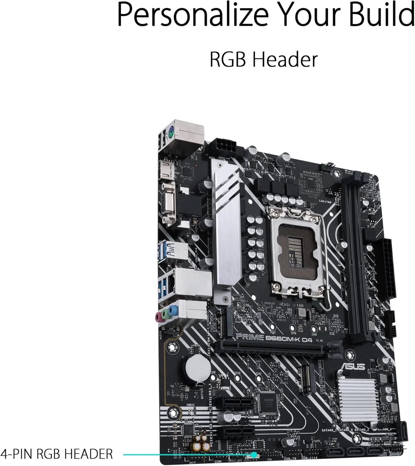 مادربرد ایسوس پرایم B660M K D4 اینتل B660 Lga 1700 Matx با Pcie 4.0، دو اسلات M.2، DDR4، HDMI، D Sub، Realtek 1GB Ethernet، USB 3.2 Gen 1 جلویی، کنترل نورپردازی ایسوس مشکی، ASUCMPB660MK0