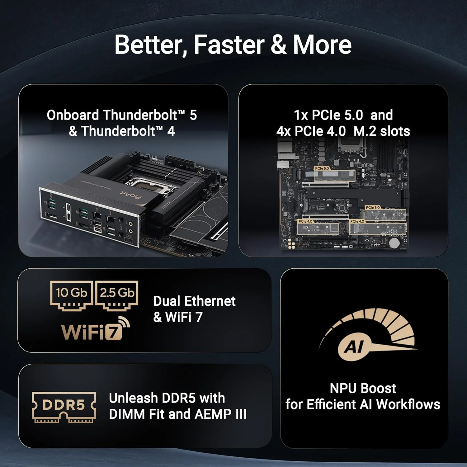 مادربرد ASUS ProArt Z890-CREATOR WIFI Z890 LGA 1851 ATX، آماده برای پردازنده های Intel® Core™ Ultra Series 2، دارای 16+2+1+2 مرحله، PCIe® 5.0، DDR5، Thunderbolt™ 5 Type-C®، LAN 10+2.5 گیگابیتی، WiFi 7، 5x M.2، AI OC