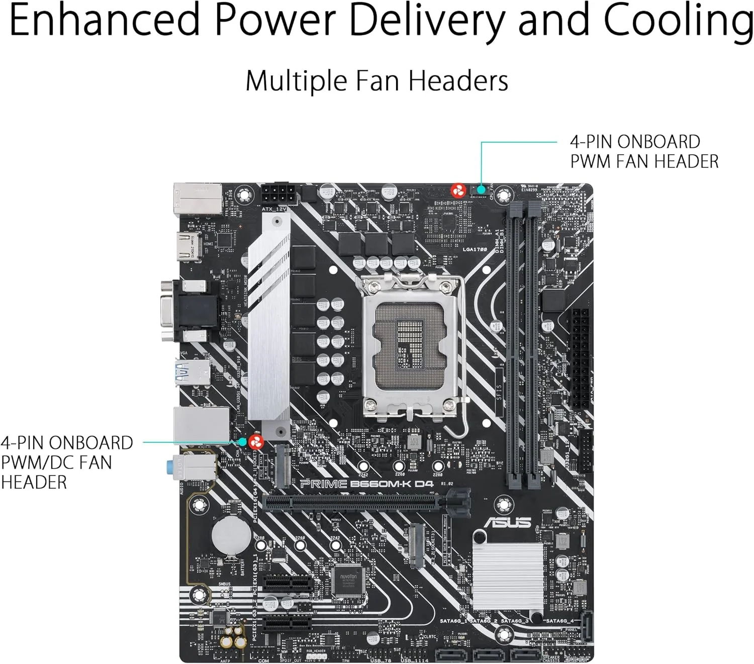 مادربرد ایسوس پرایم B660M K D4 اینتل B660 Lga 1700 Matx با Pcie 4.0، دو اسلات M.2، DDR4، HDMI، D Sub، Realtek 1GB Ethernet، USB 3.2 Gen 1 جلویی، کنترل نورپردازی ایسوس مشکی، ASUCMPB660MK0