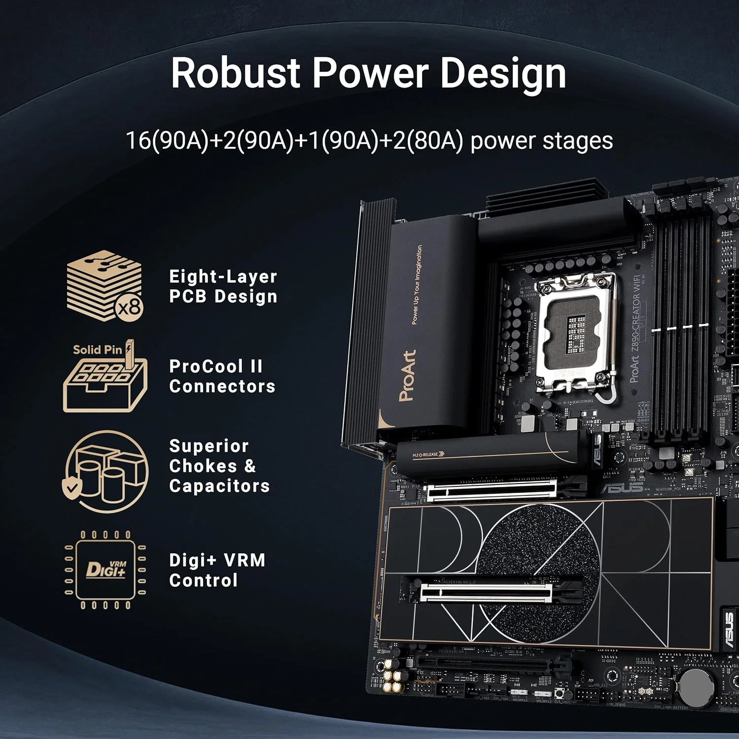 مادربرد ASUS ProArt Z890-CREATOR WIFI Z890 LGA 1851 ATX، آماده برای پردازنده های Intel® Core™ Ultra Series 2، دارای 16+2+1+2 مرحله، PCIe® 5.0، DDR5، Thunderbolt™ 5 Type-C®، LAN 10+2.5 گیگابیتی، WiFi 7، 5x M.2، AI OC